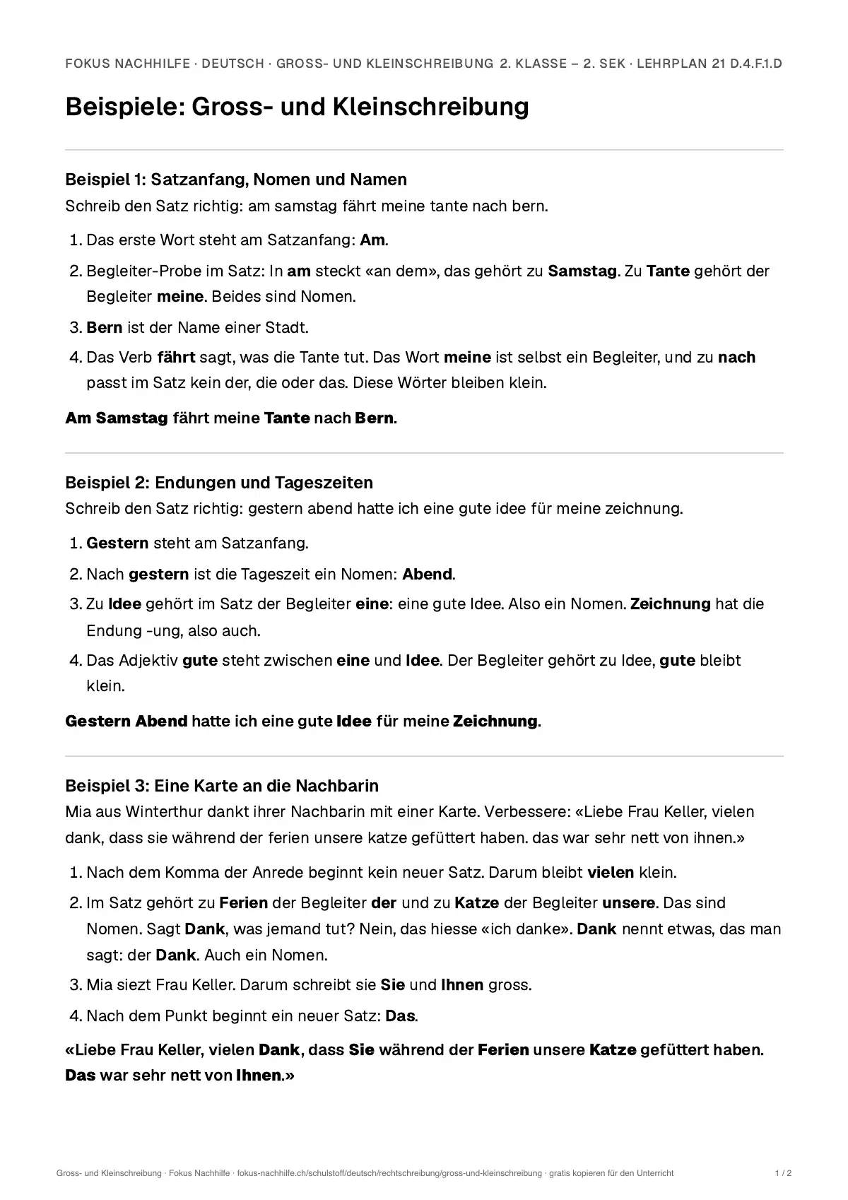 Beispiele Gross- und Kleinschreibung zum Ausdrucken: erste Seite, Aufgaben Schritt für Schritt gelöst