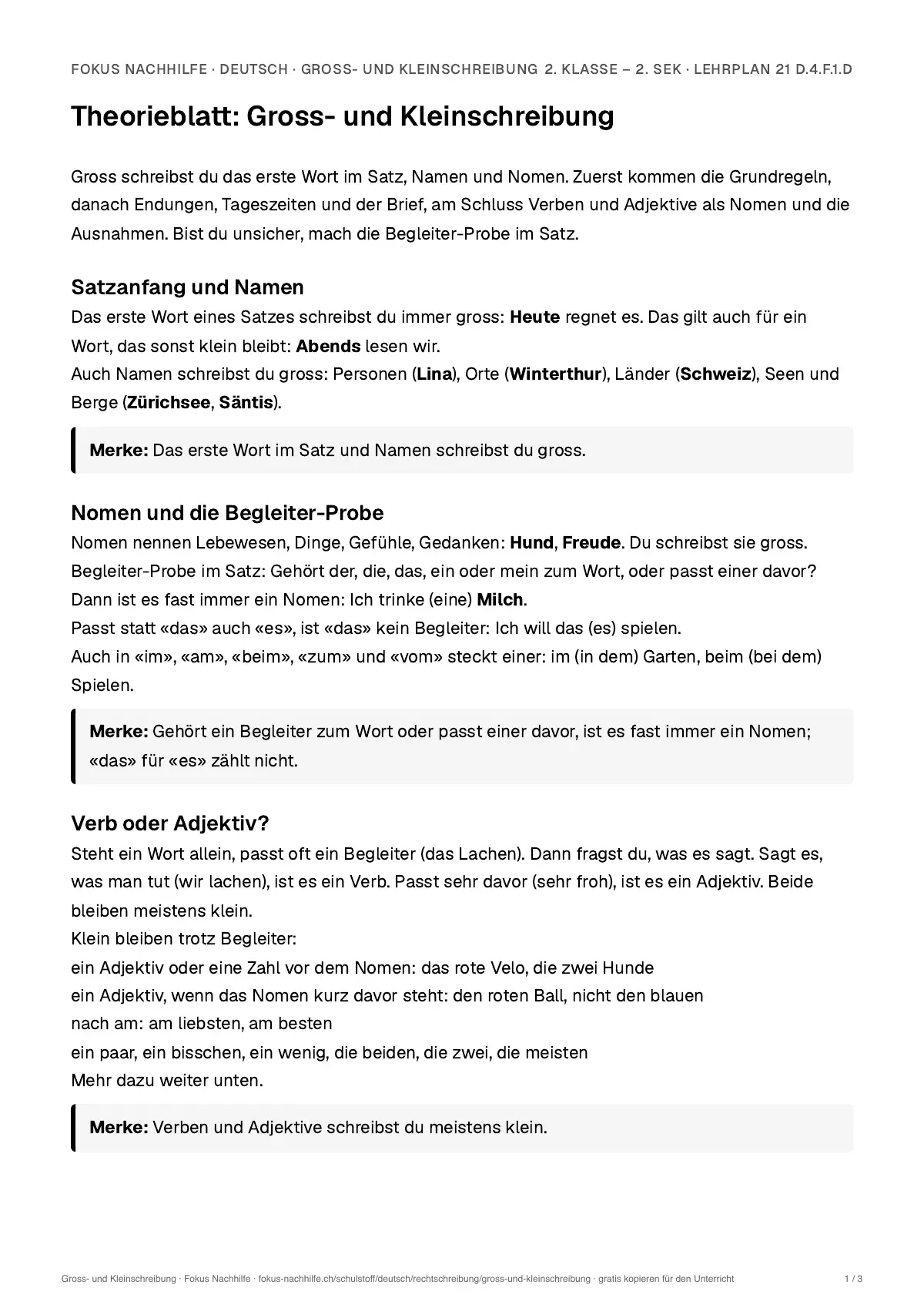 Theorieblatt Gross- und Kleinschreibung zum Ausdrucken: erste Seite der Erklärung