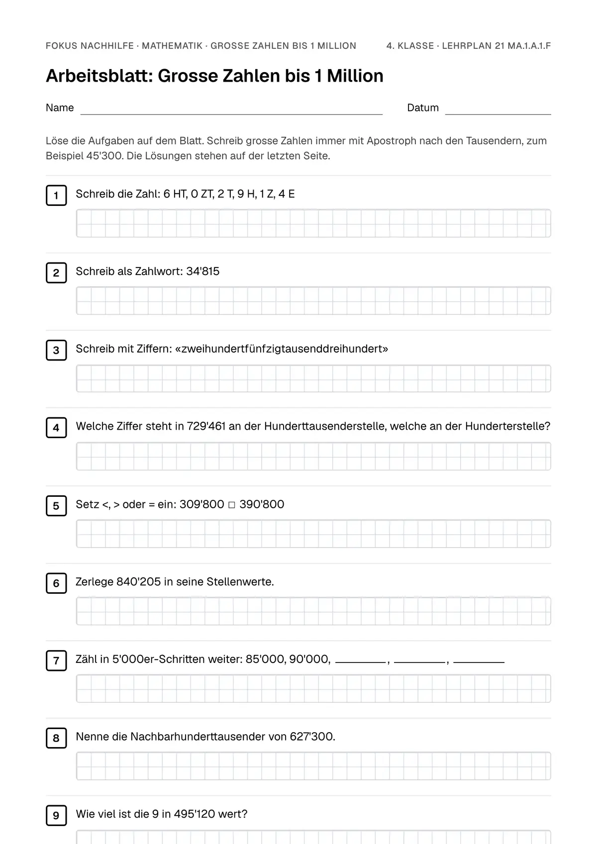Arbeitsblatt Grosse Zahlen bis 1 Million zum Ausfüllen mit Name und Datum: erste Seite, mit Lösungsblatt