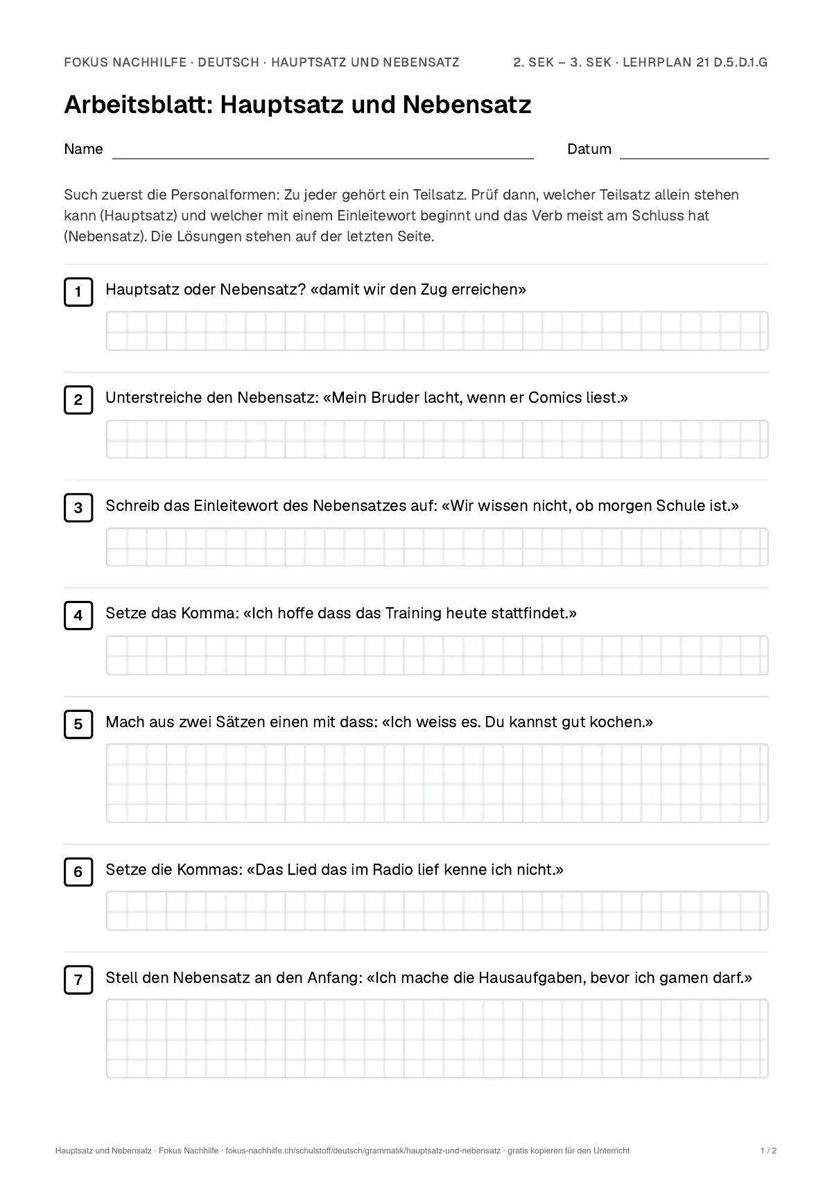 Arbeitsblatt Hauptsatz und Nebensatz zum Ausfüllen mit Name und Datum: erste Seite, mit Lösungsblatt