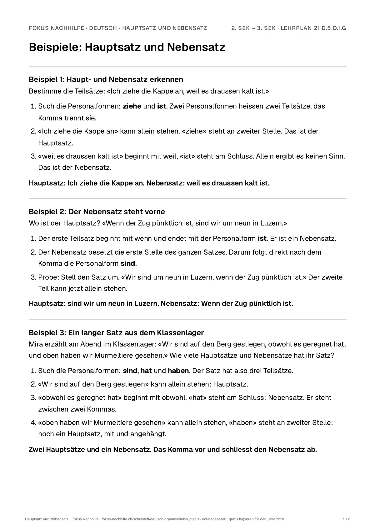 Beispiele Hauptsatz und Nebensatz zum Ausdrucken: erste Seite, Aufgaben Schritt für Schritt gelöst
