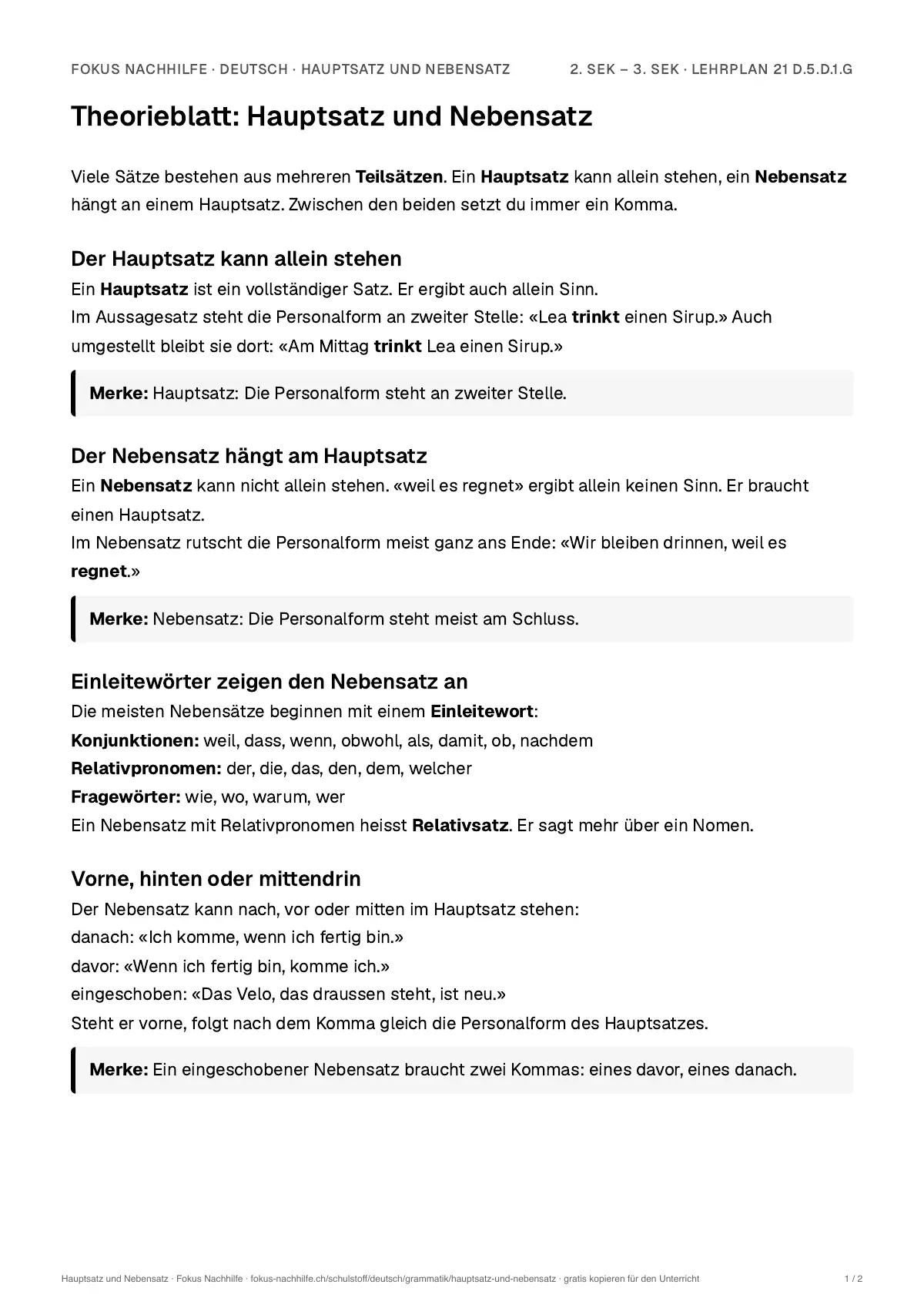 Theorieblatt Hauptsatz und Nebensatz zum Ausdrucken: erste Seite der Erklärung