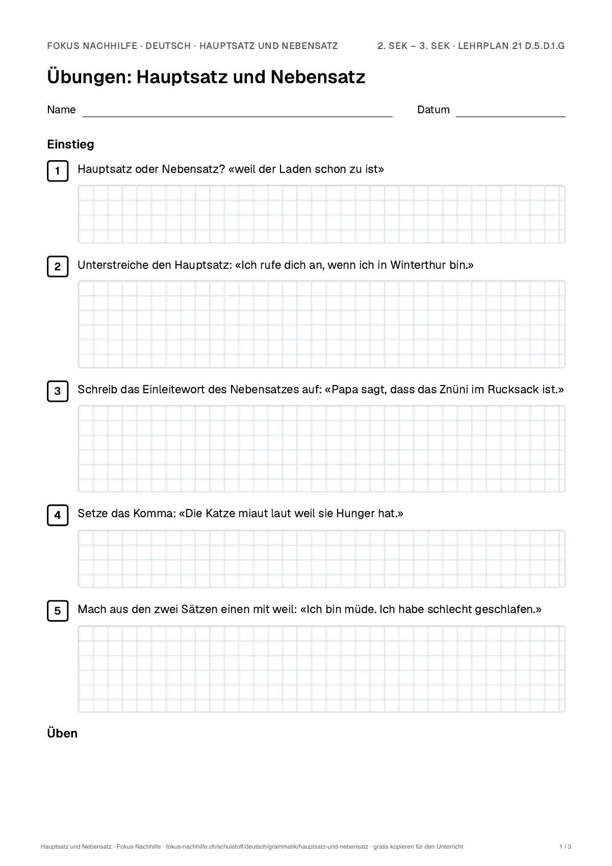 Übungsblatt Hauptsatz und Nebensatz zum Ausdrucken: erste Seite der Übungen, Lösungen auf eigenem Blatt