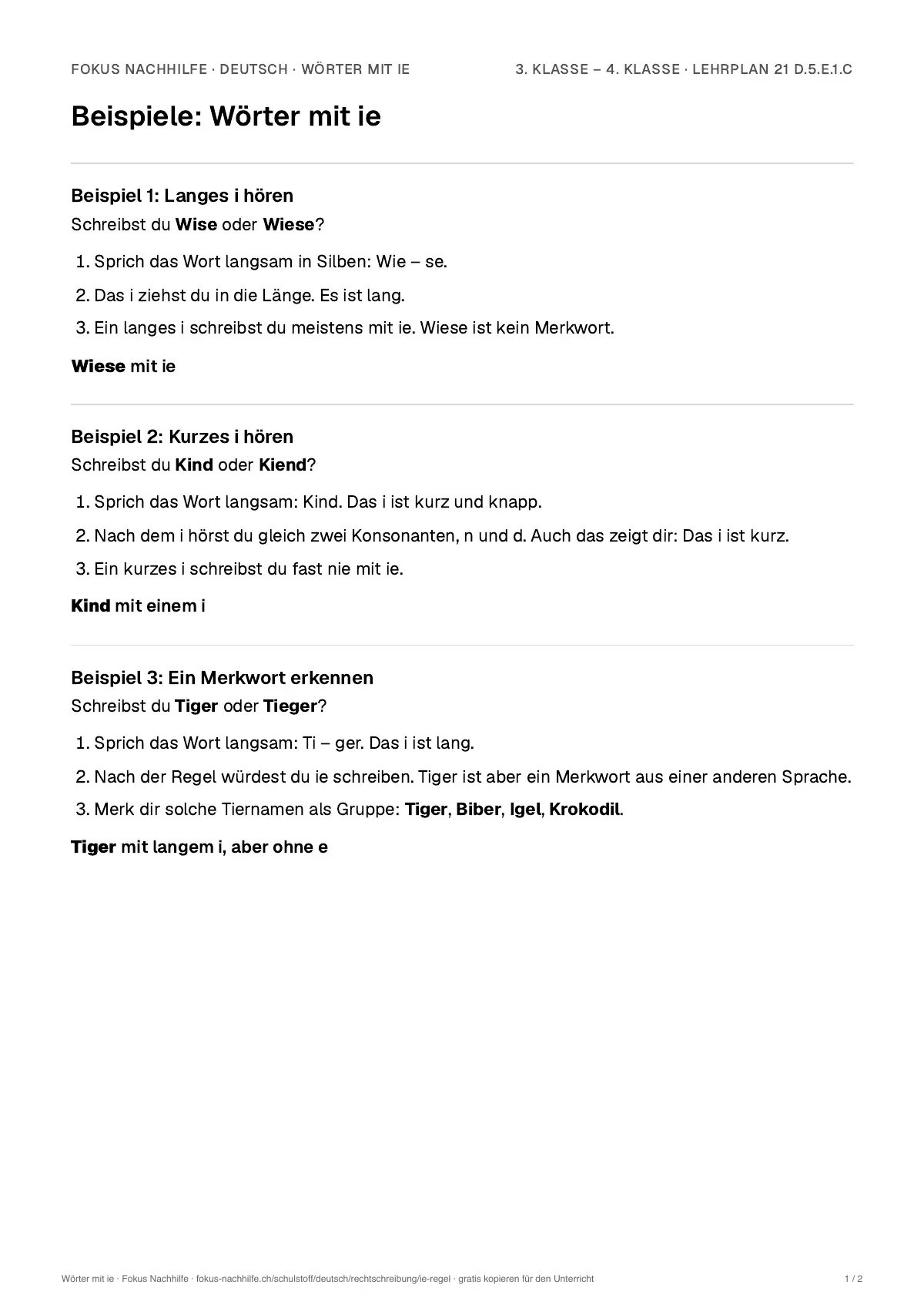 Beispiele Wörter mit ie zum Ausdrucken: erste Seite, Aufgaben Schritt für Schritt gelöst