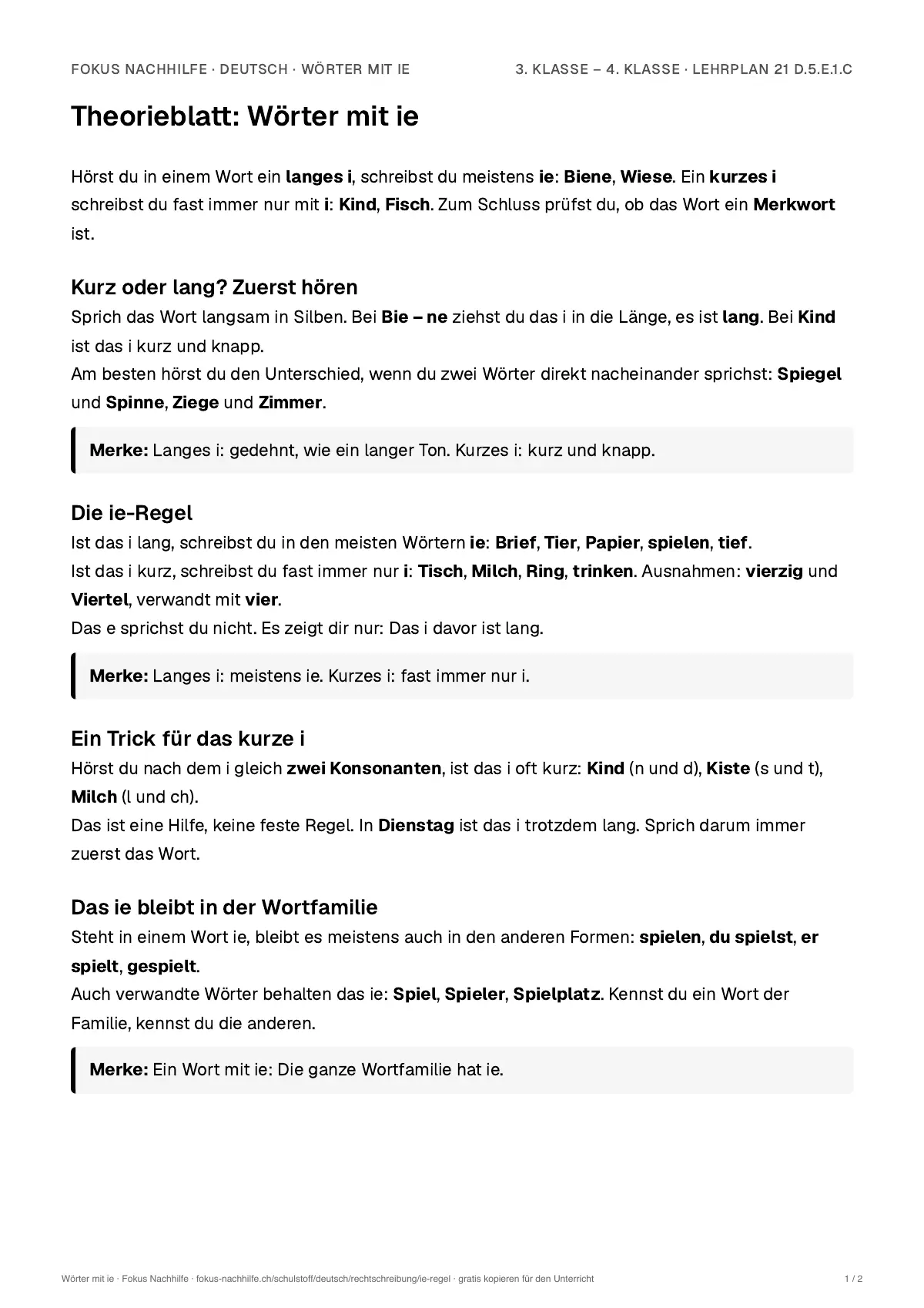 Theorieblatt Wörter mit ie zum Ausdrucken: erste Seite der Erklärung