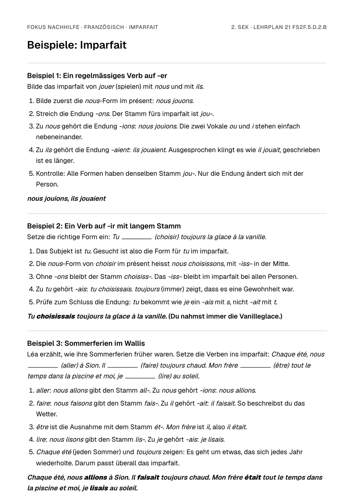 Beispiele Imparfait zum Ausdrucken: erste Seite, Aufgaben Schritt für Schritt gelöst