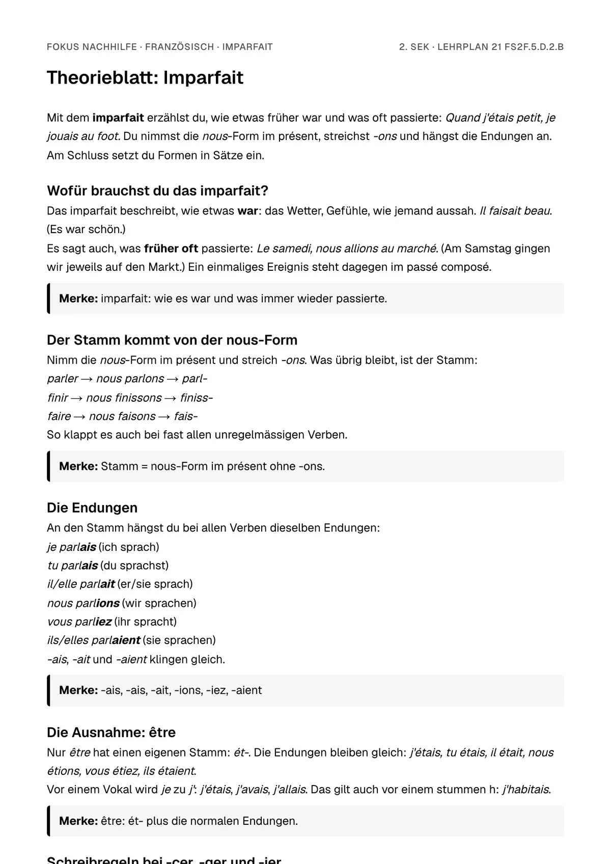 Theorieblatt Imparfait zum Ausdrucken: erste Seite der Erklärung