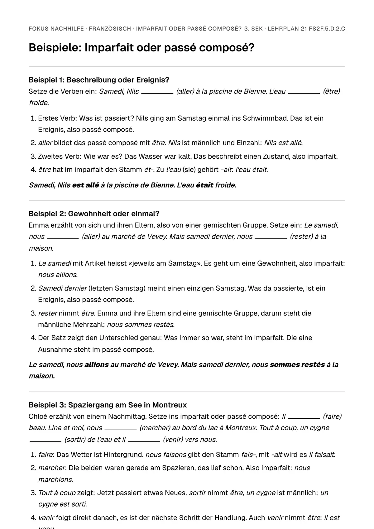 Beispiele Imparfait oder passé composé? zum Ausdrucken: erste Seite, Aufgaben Schritt für Schritt gelöst
