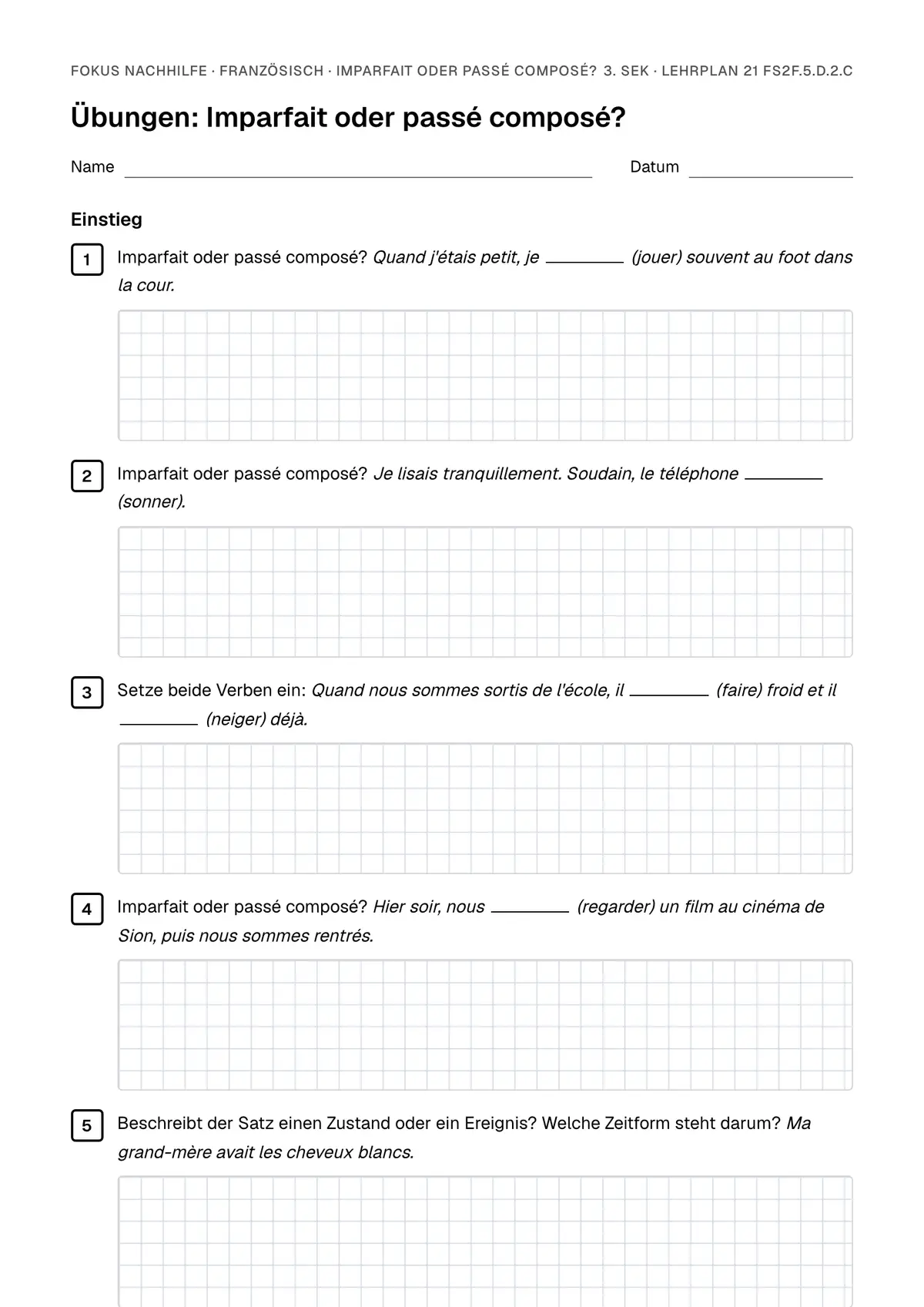 Übungsblatt Imparfait oder passé composé? zum Ausdrucken: erste Seite der Übungen, Lösungen auf eigenem Blatt