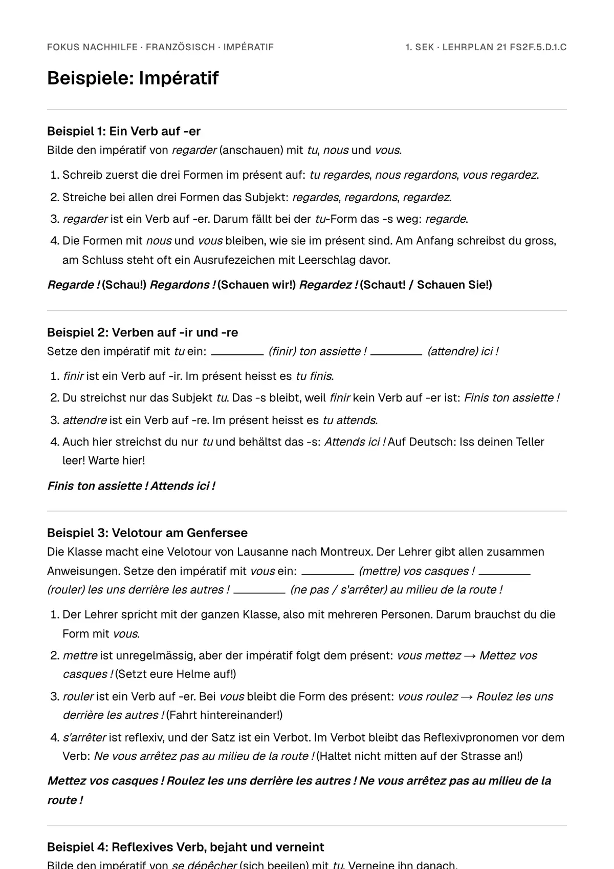 Beispiele Impératif zum Ausdrucken: erste Seite, Aufgaben Schritt für Schritt gelöst