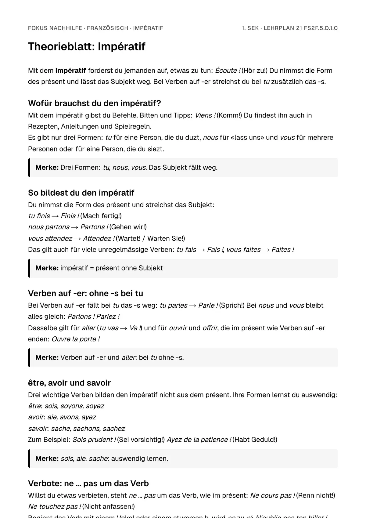 Theorieblatt Impératif zum Ausdrucken: erste Seite der Erklärung