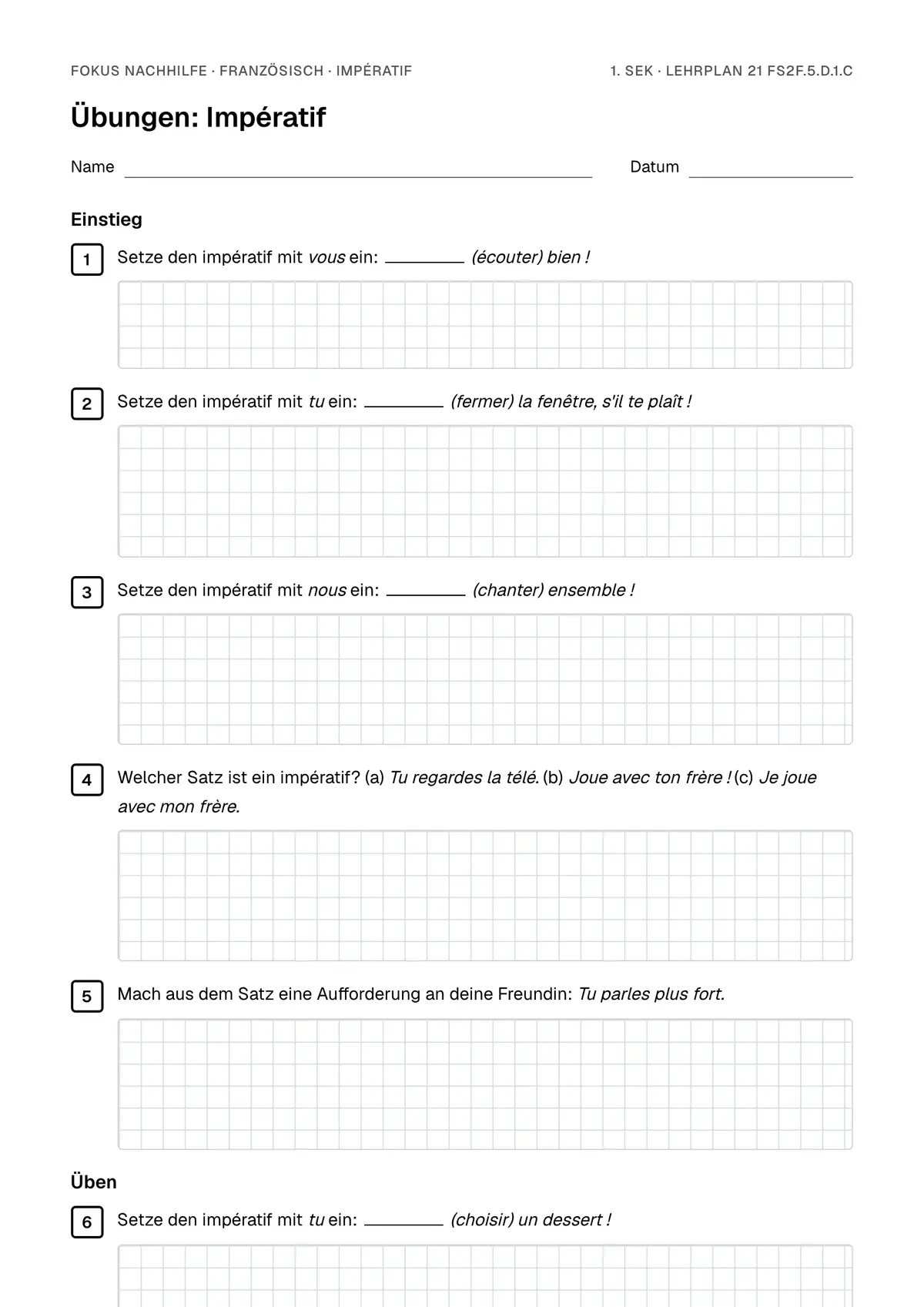 Übungsblatt Impératif zum Ausdrucken: erste Seite der Übungen, Lösungen auf eigenem Blatt