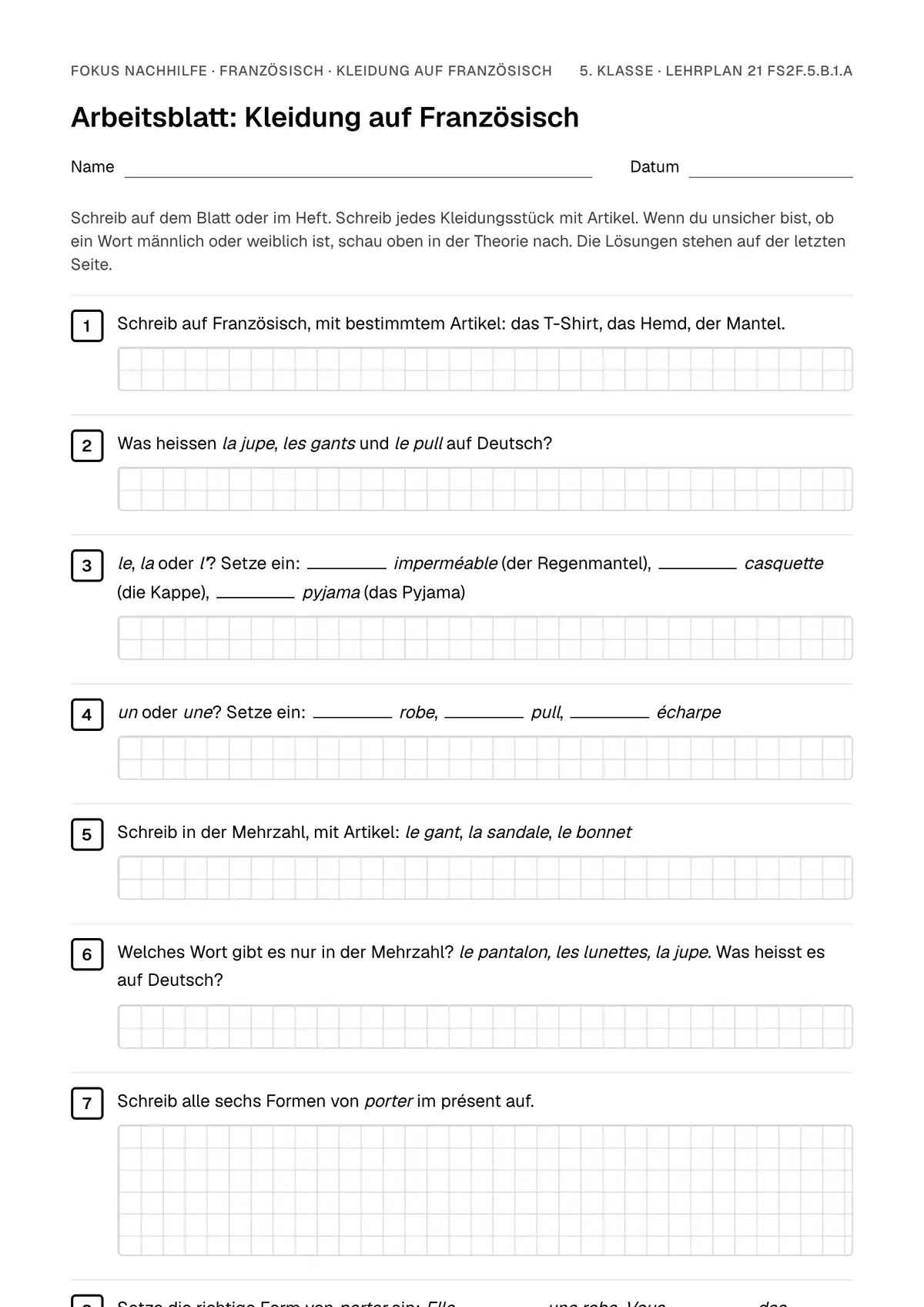 Arbeitsblatt Kleidung auf Französisch zum Ausfüllen mit Name und Datum: erste Seite, mit Lösungsblatt