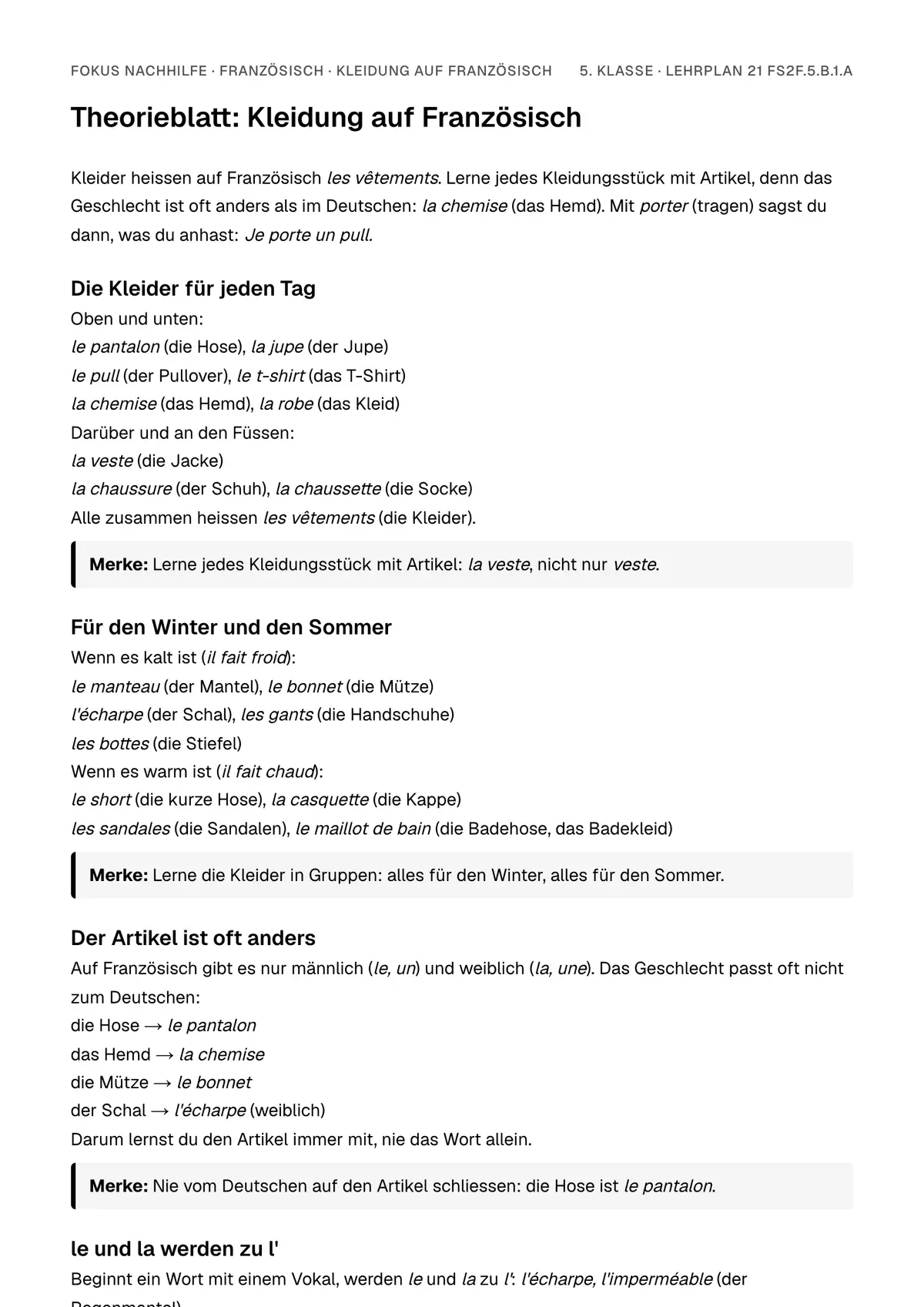 Theorieblatt Kleidung auf Französisch zum Ausdrucken: erste Seite der Erklärung