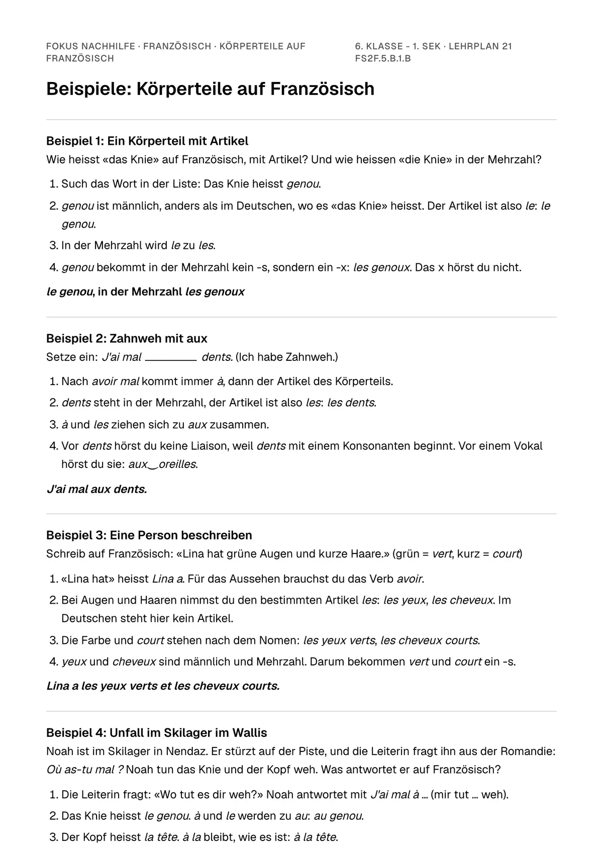 Beispiele Körperteile auf Französisch zum Ausdrucken: erste Seite, Aufgaben Schritt für Schritt gelöst