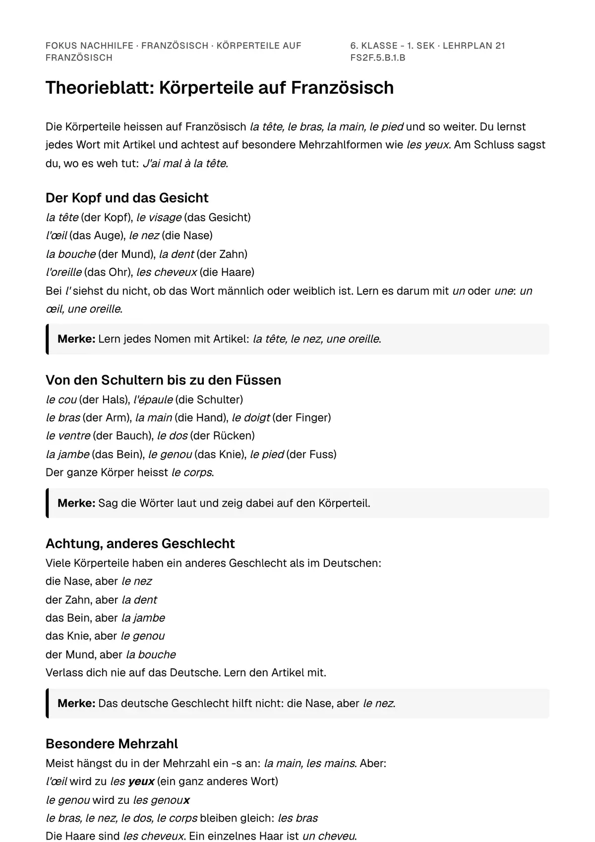 Theorieblatt Körperteile auf Französisch zum Ausdrucken: erste Seite der Erklärung