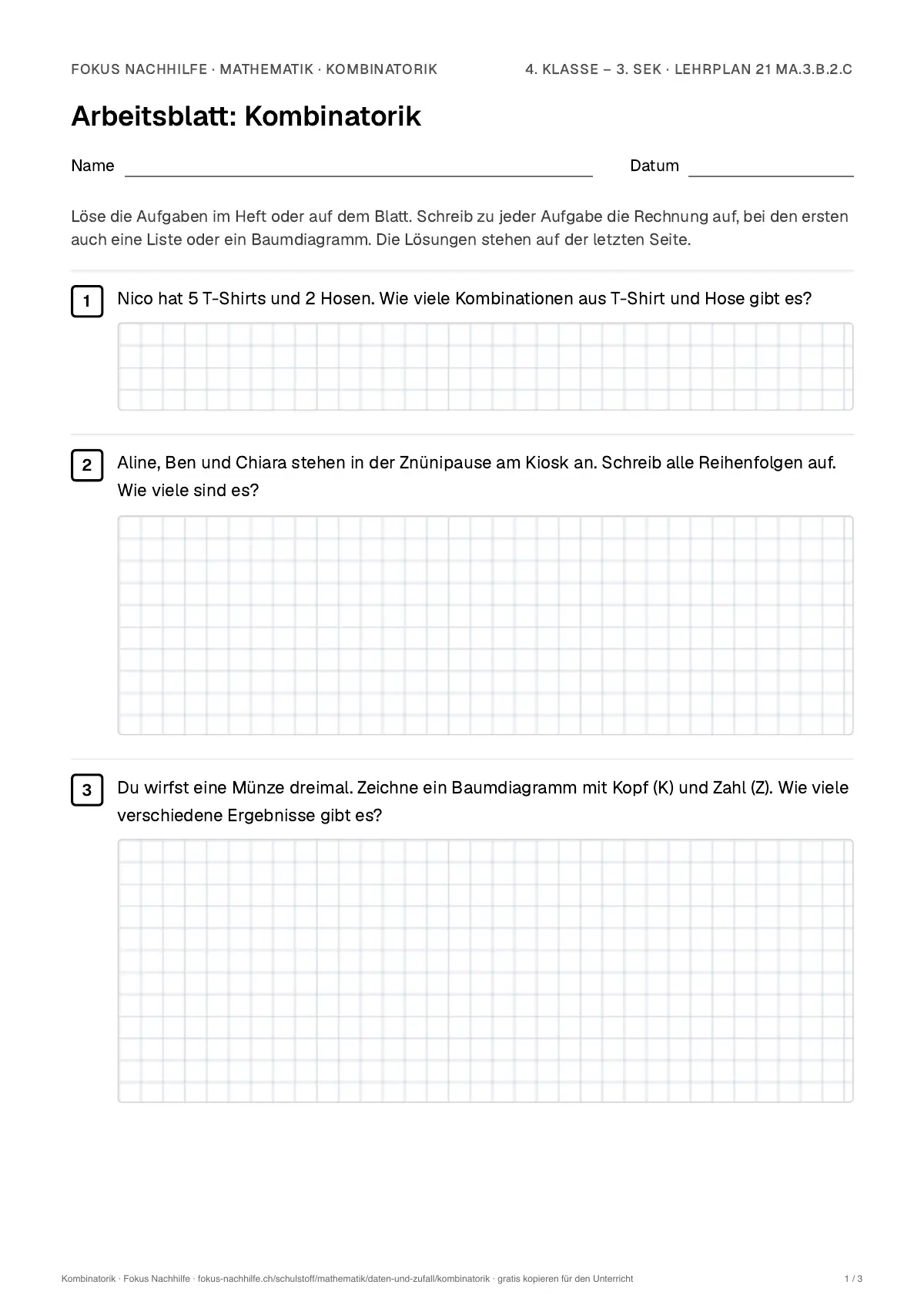 Arbeitsblatt Kombinatorik zum Ausfüllen mit Name und Datum: erste Seite, mit Lösungsblatt