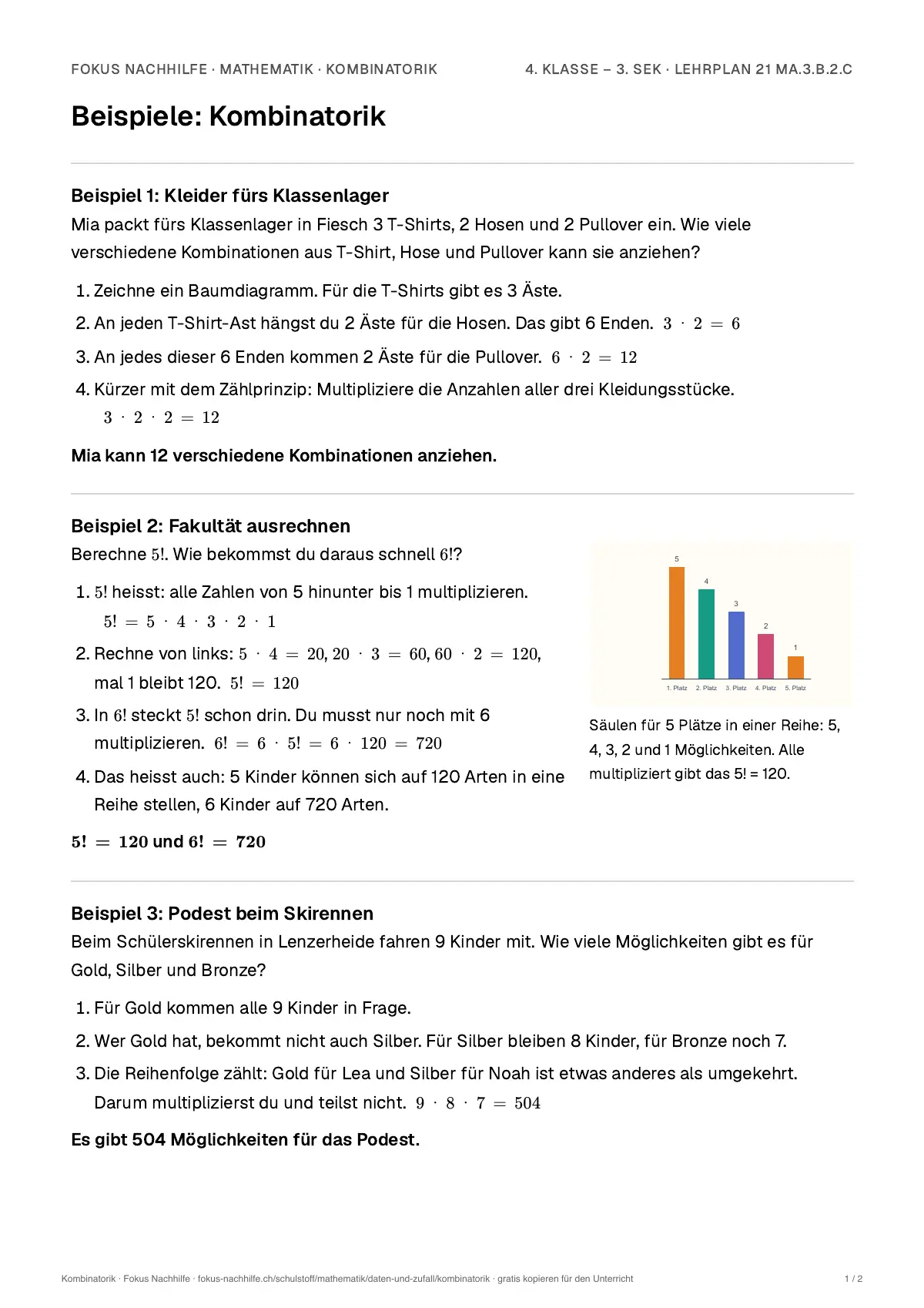 Beispiele Kombinatorik zum Ausdrucken: erste Seite, Aufgaben Schritt für Schritt gelöst