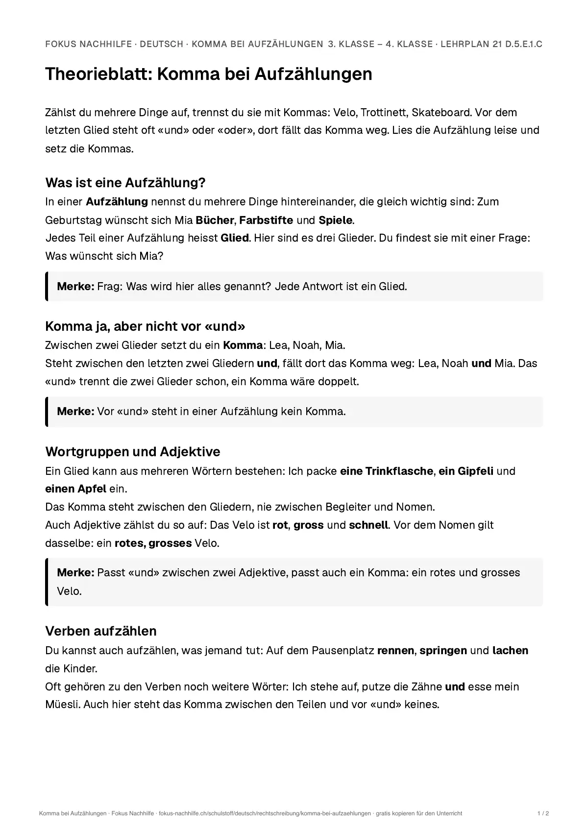 Theorieblatt Komma bei Aufzählungen zum Ausdrucken: erste Seite der Erklärung