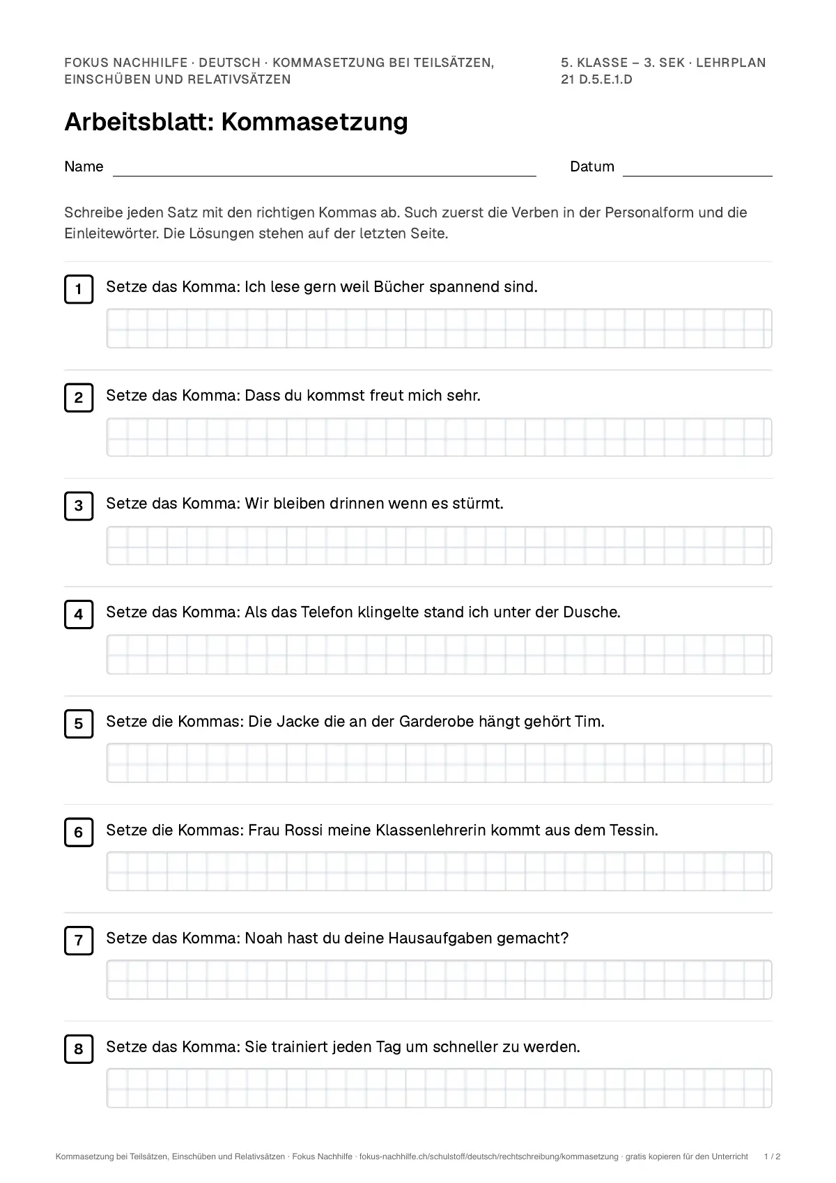 Arbeitsblatt Kommasetzung bei Teilsätzen, Einschüben und Relativsätzen zum Ausfüllen mit Name und Datum: erste Seite, mit Lösungsblatt