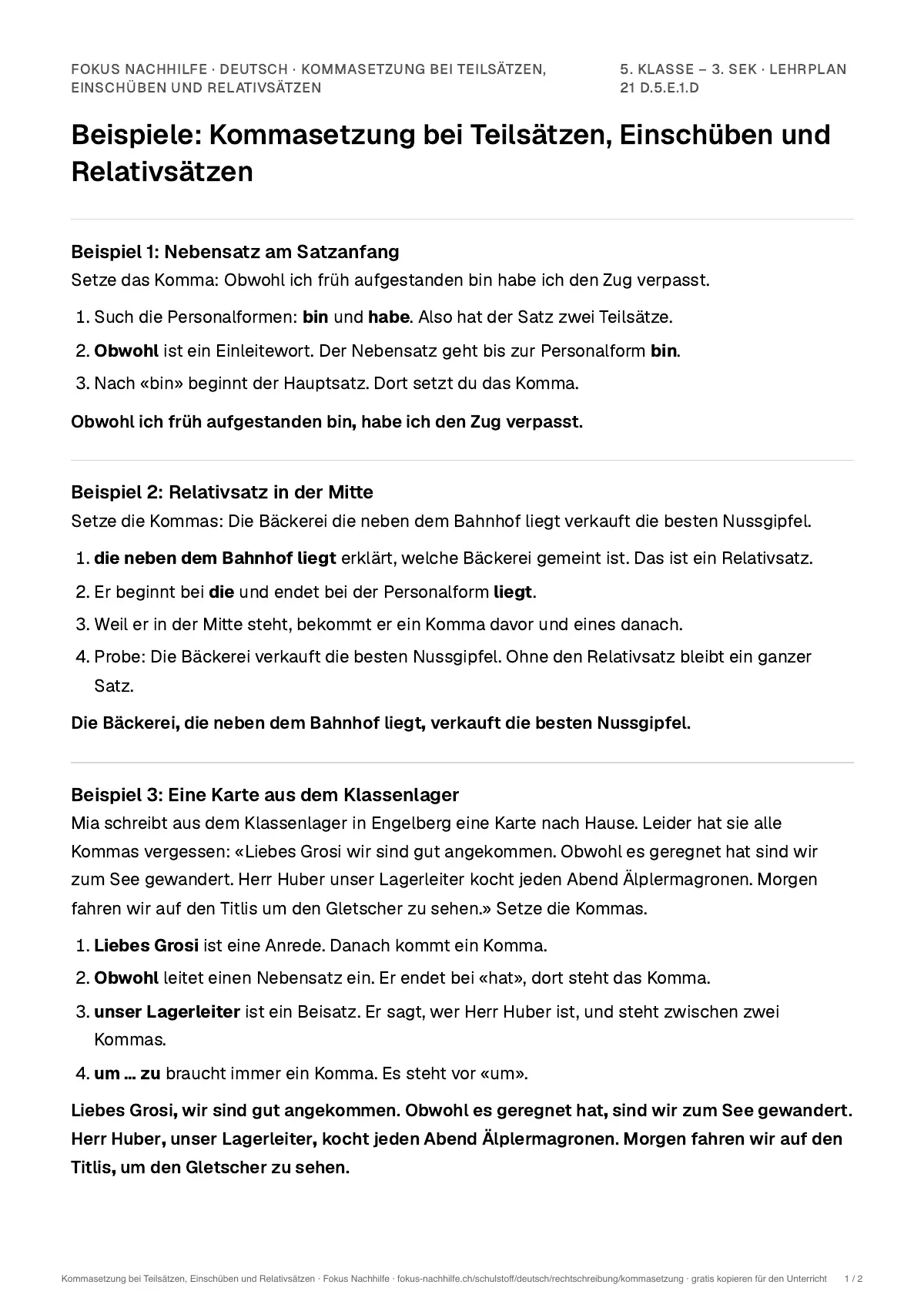 Beispiele Kommasetzung bei Teilsätzen, Einschüben und Relativsätzen zum Ausdrucken: erste Seite, Aufgaben Schritt für Schritt gelöst