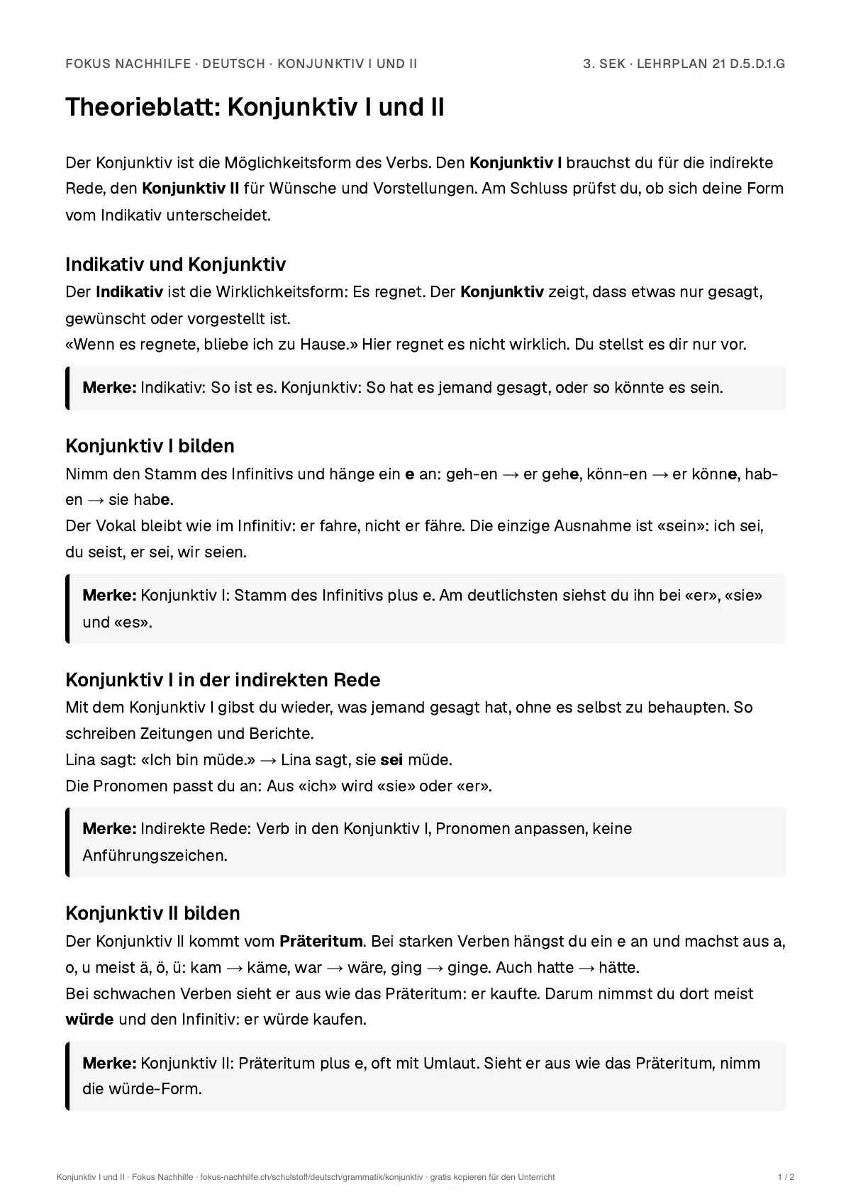 Theorieblatt Konjunktiv I und II zum Ausdrucken: erste Seite der Erklärung