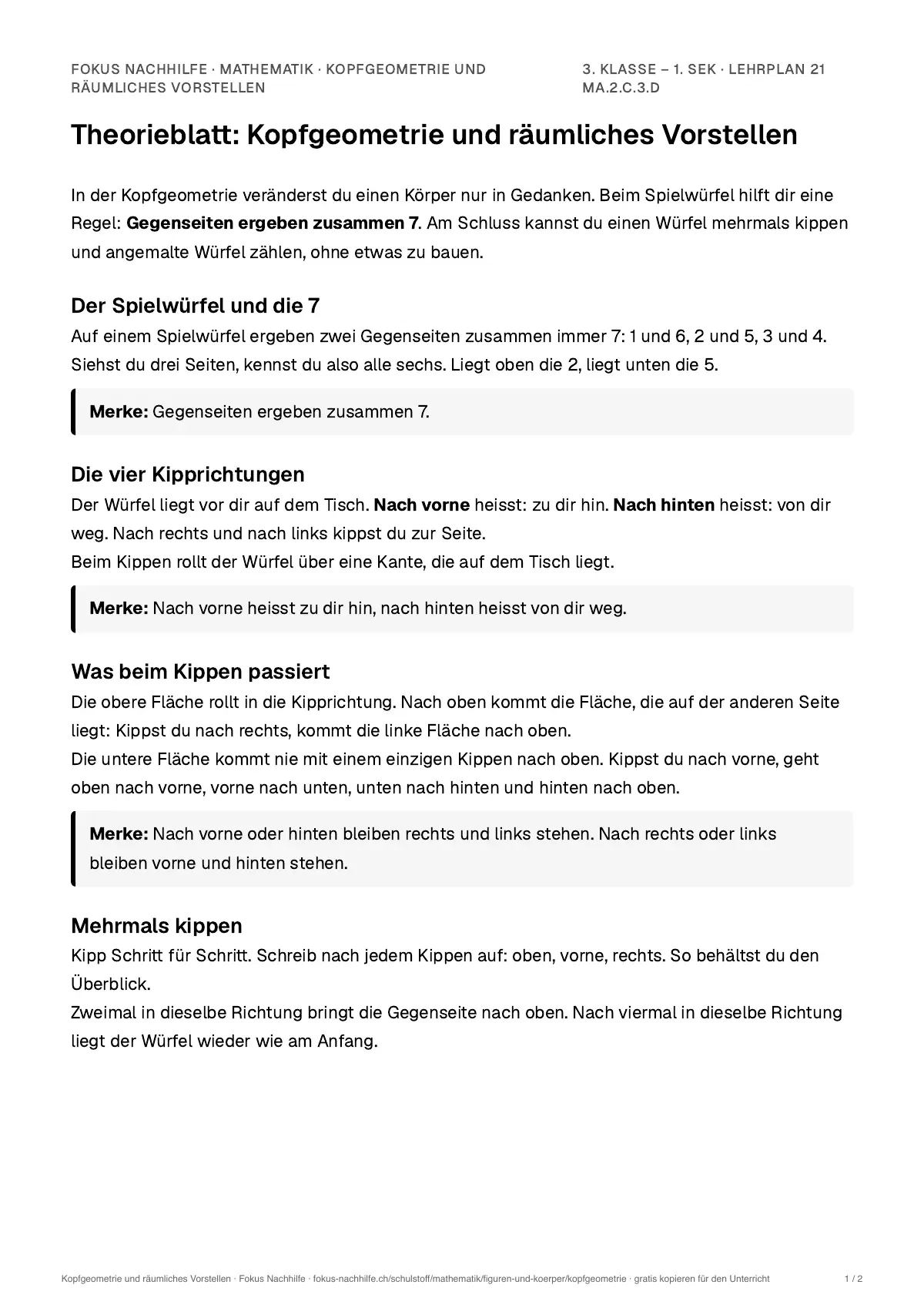 Theorieblatt Kopfgeometrie und räumliches Vorstellen zum Ausdrucken: erste Seite der Erklärung
