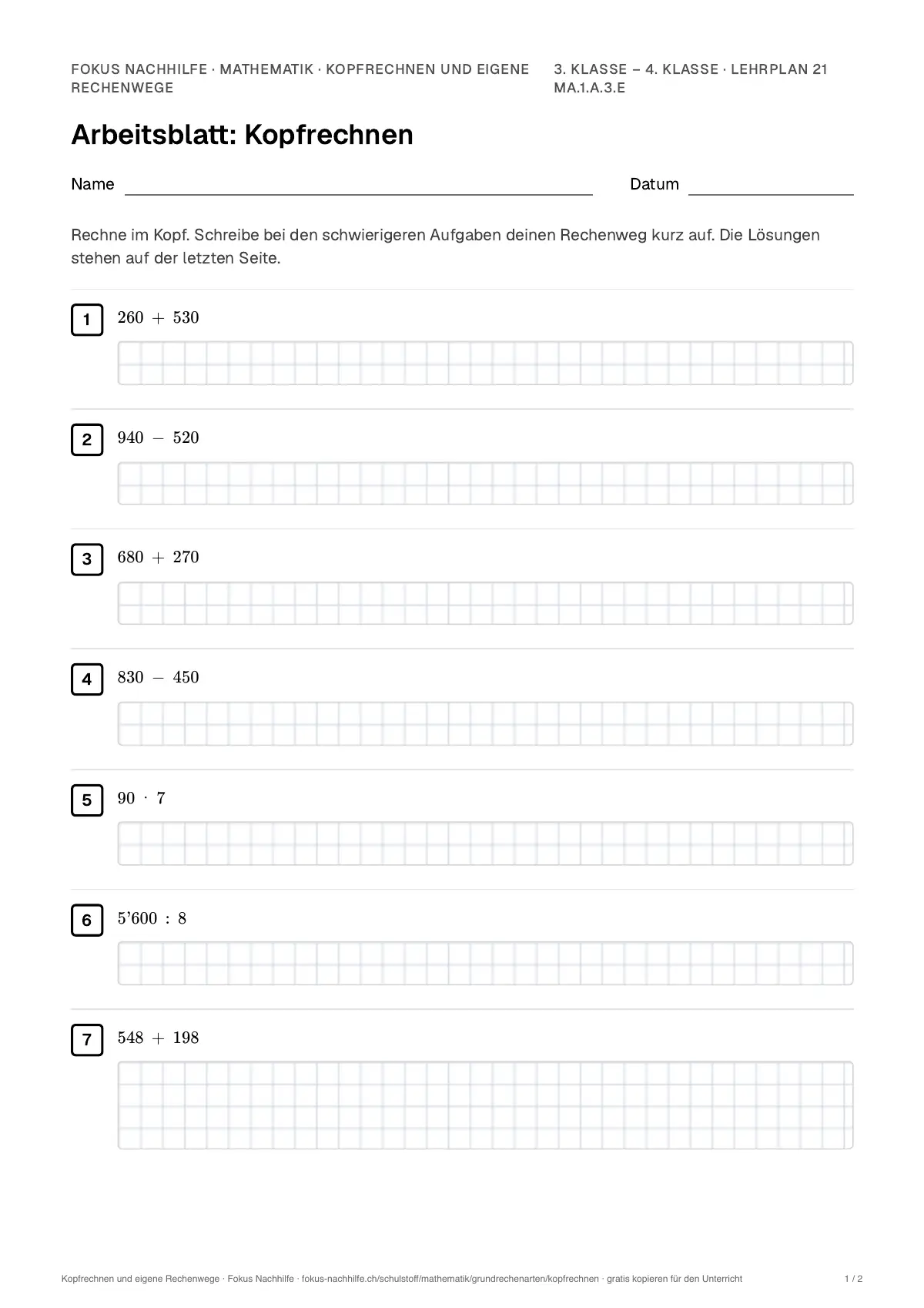 Arbeitsblatt Kopfrechnen und eigene Rechenwege zum Ausfüllen mit Name und Datum: erste Seite, mit Lösungsblatt