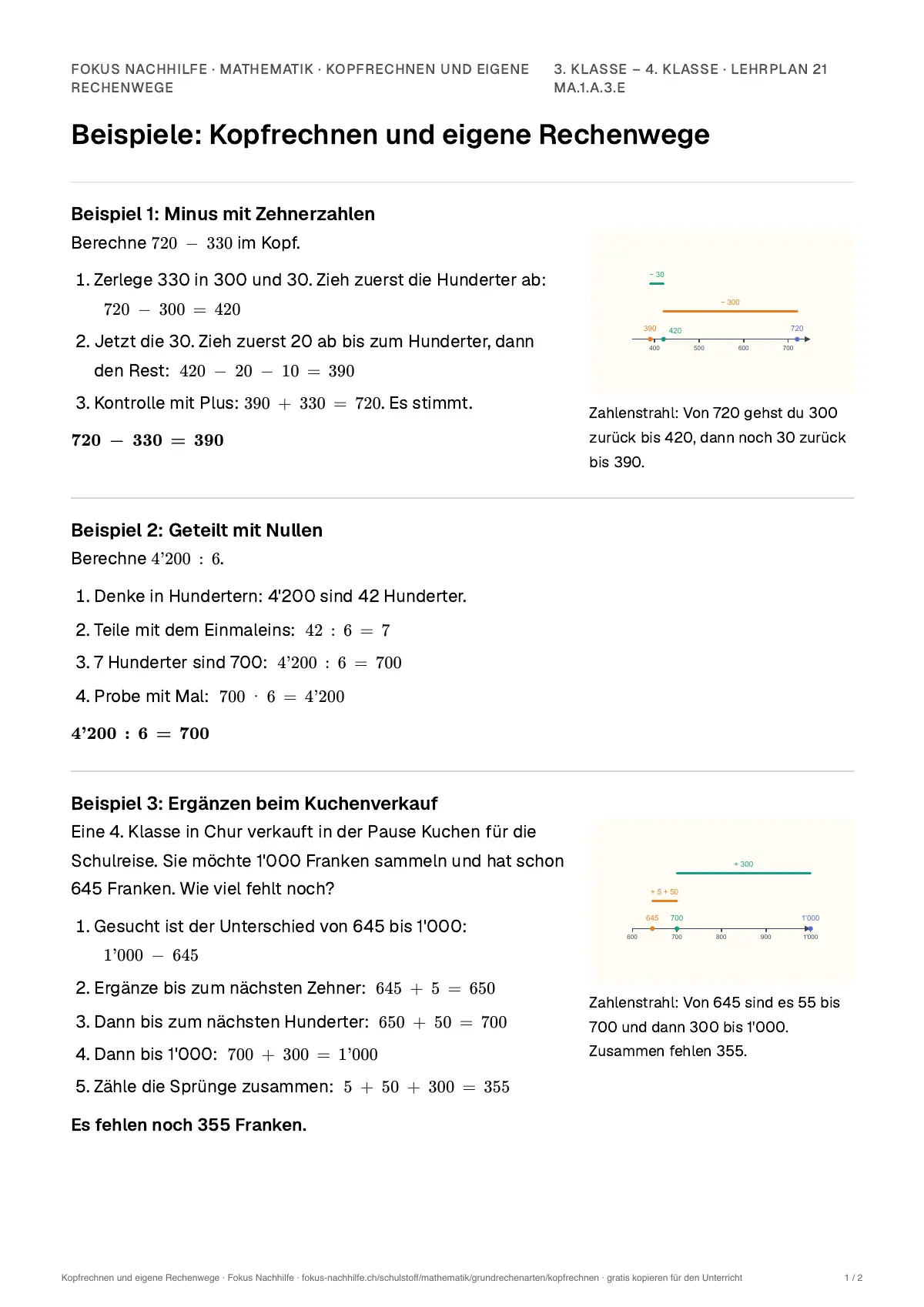 Beispiele Kopfrechnen und eigene Rechenwege zum Ausdrucken: erste Seite, Aufgaben Schritt für Schritt gelöst