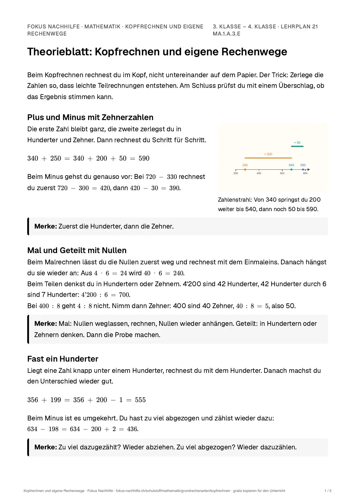 Theorieblatt Kopfrechnen und eigene Rechenwege zum Ausdrucken: erste Seite der Erklärung