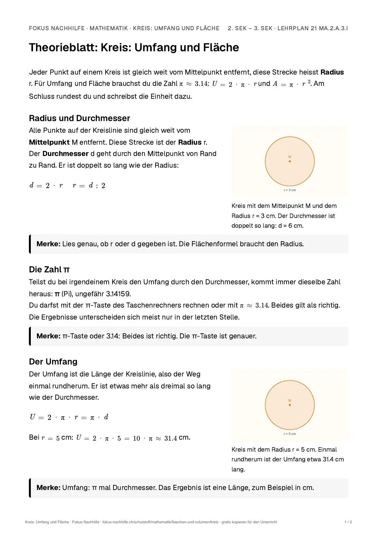 Theorieblatt Kreis: Umfang und Fläche zum Ausdrucken: erste Seite der Erklärung