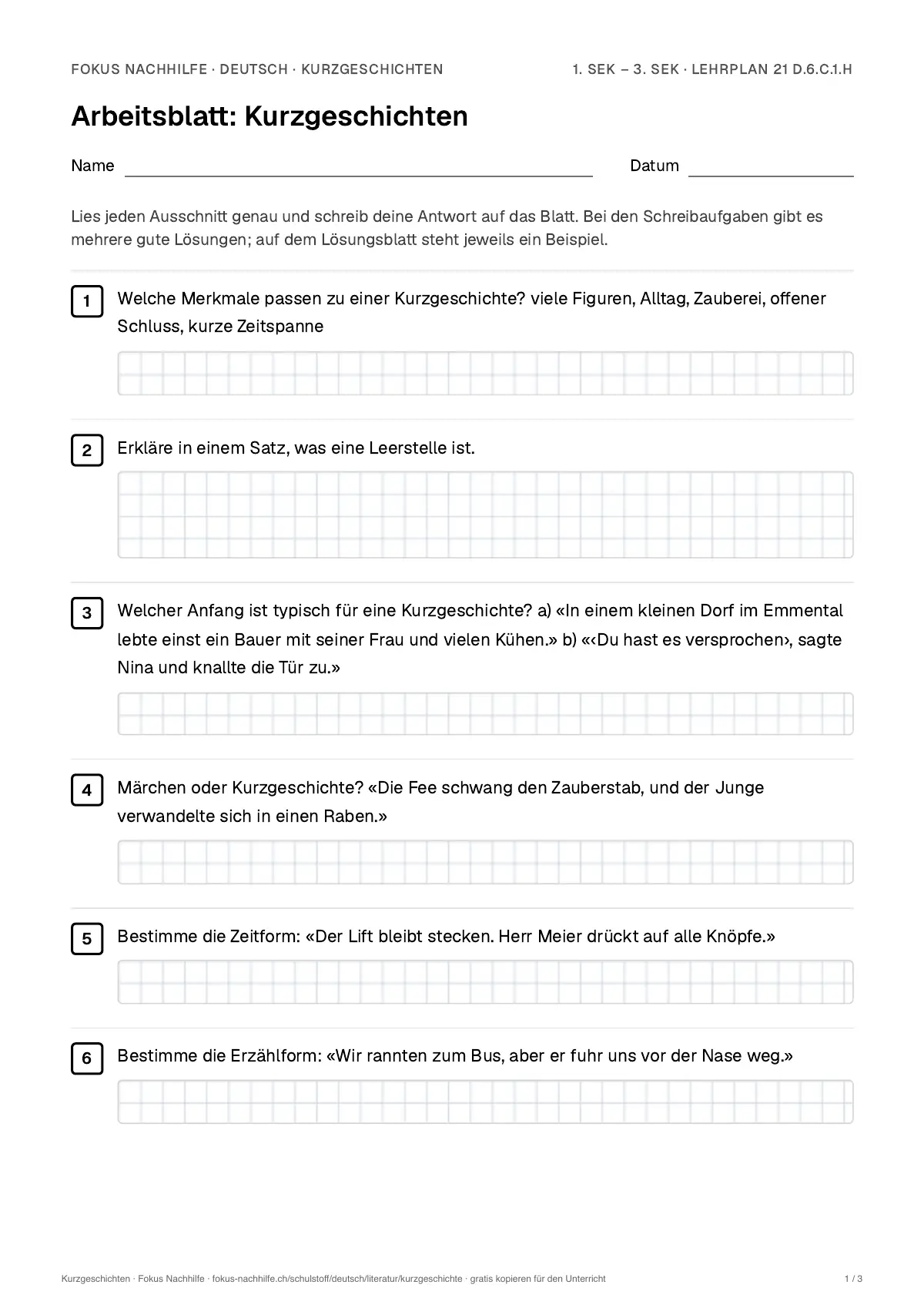 Arbeitsblatt Kurzgeschichten zum Ausfüllen mit Name und Datum: erste Seite, mit Lösungsblatt
