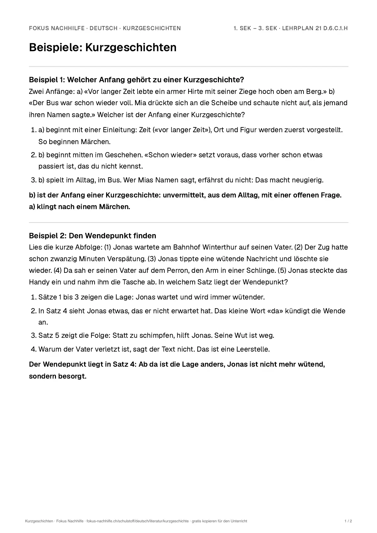 Beispiele Kurzgeschichten zum Ausdrucken: erste Seite, Aufgaben Schritt für Schritt gelöst