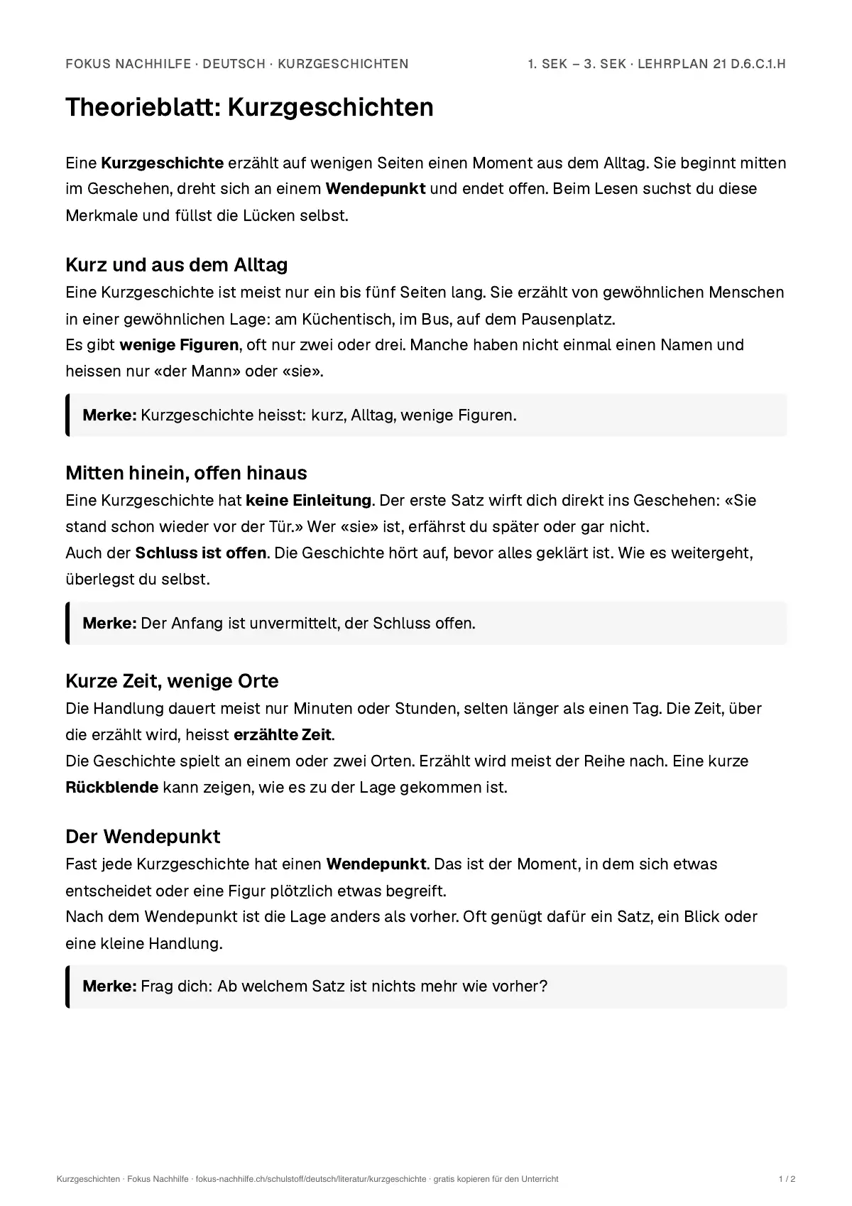 Theorieblatt Kurzgeschichten zum Ausdrucken: erste Seite der Erklärung
