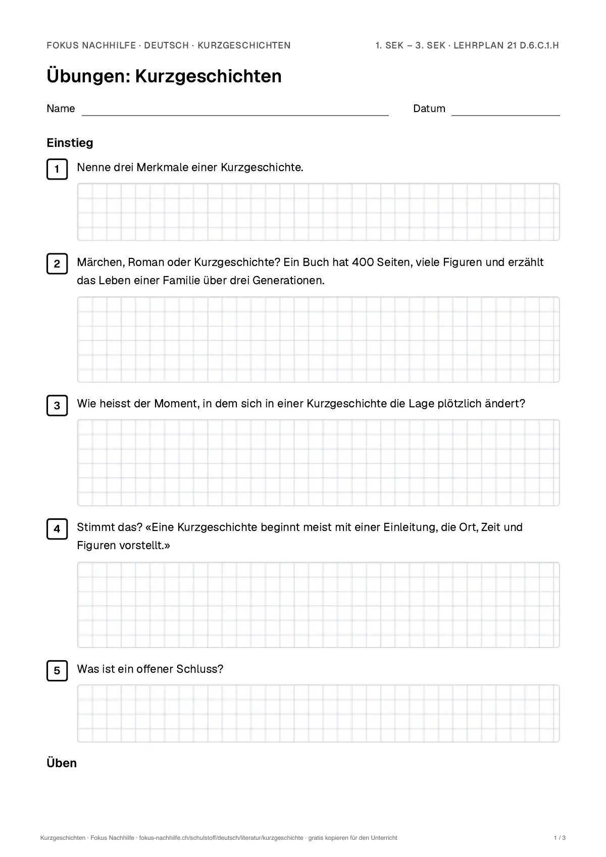 Übungsblatt Kurzgeschichten zum Ausdrucken: erste Seite der Übungen, Lösungen auf eigenem Blatt