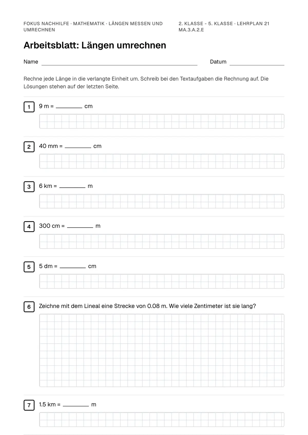 Arbeitsblatt Längen messen und umrechnen zum Ausfüllen mit Name und Datum: erste Seite, mit Lösungsblatt