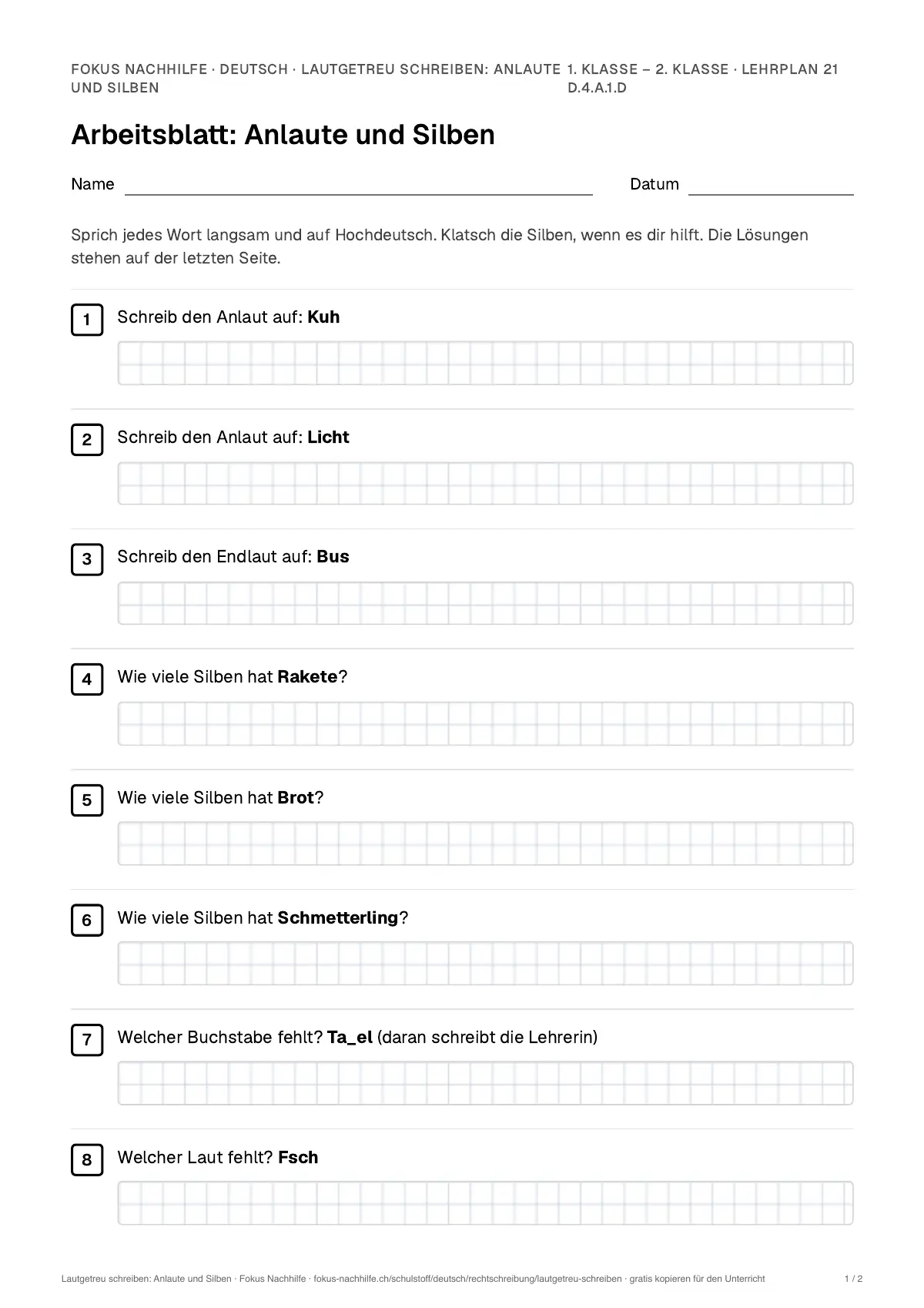 Arbeitsblatt Lautgetreu schreiben: Anlaute und Silben zum Ausfüllen mit Name und Datum: erste Seite, mit Lösungsblatt