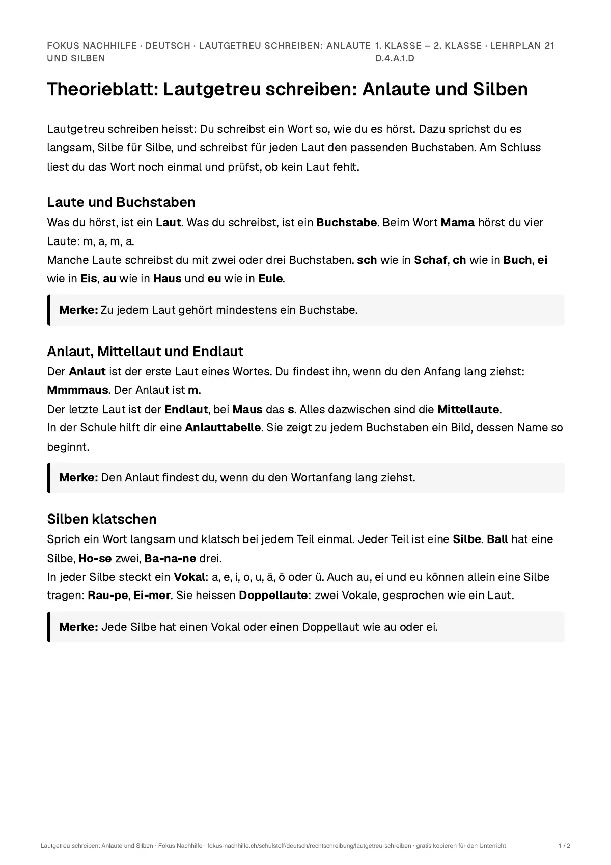 Theorieblatt Lautgetreu schreiben: Anlaute und Silben zum Ausdrucken: erste Seite der Erklärung