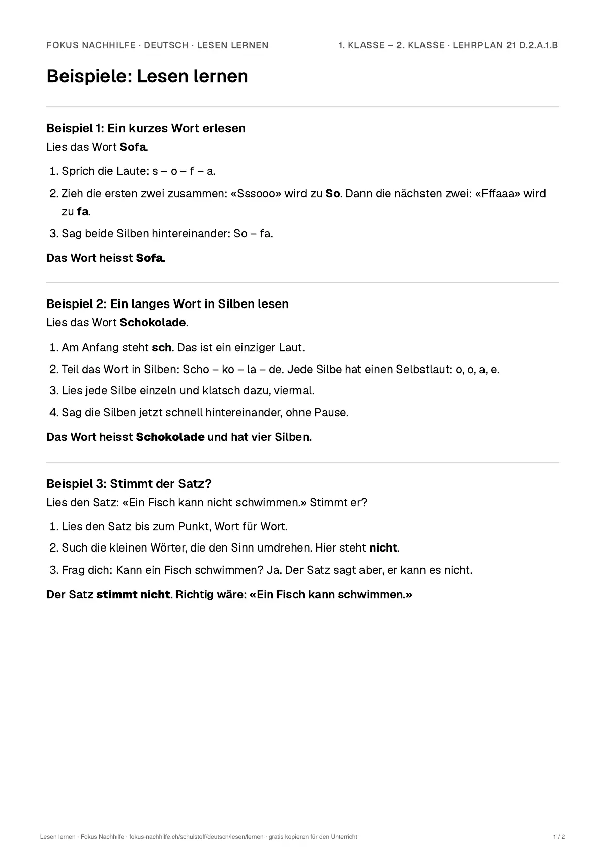 Beispiele Lesen lernen zum Ausdrucken: erste Seite, Aufgaben Schritt für Schritt gelöst