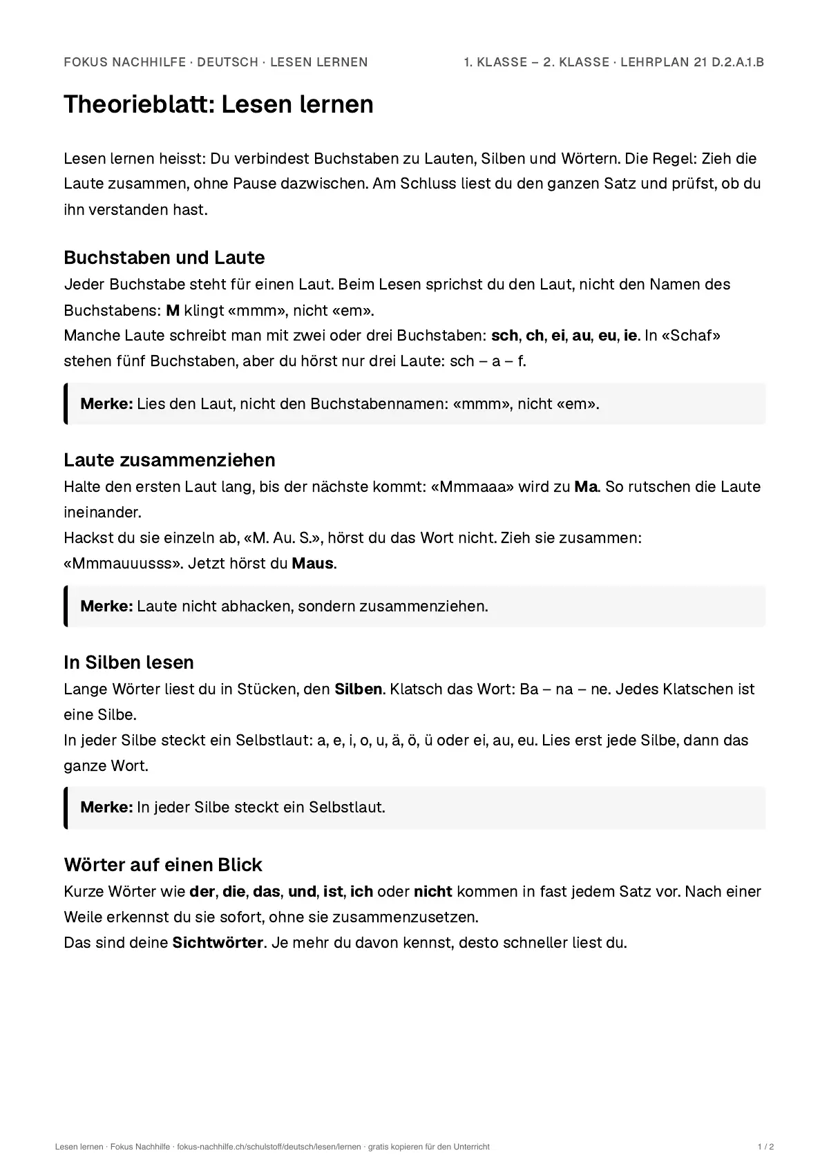 Theorieblatt Lesen lernen zum Ausdrucken: erste Seite der Erklärung