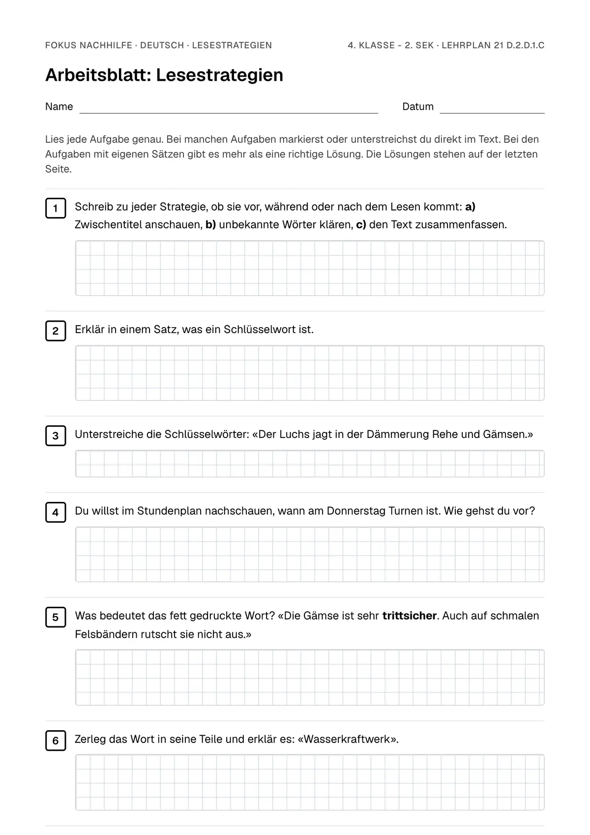 Arbeitsblatt Lesestrategien zum Ausfüllen mit Name und Datum: erste Seite, mit Lösungsblatt