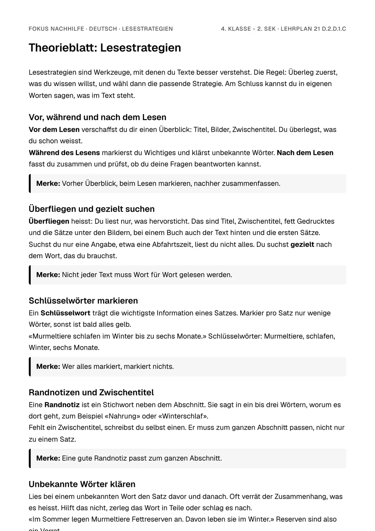 Theorieblatt Lesestrategien zum Ausdrucken: erste Seite der Erklärung