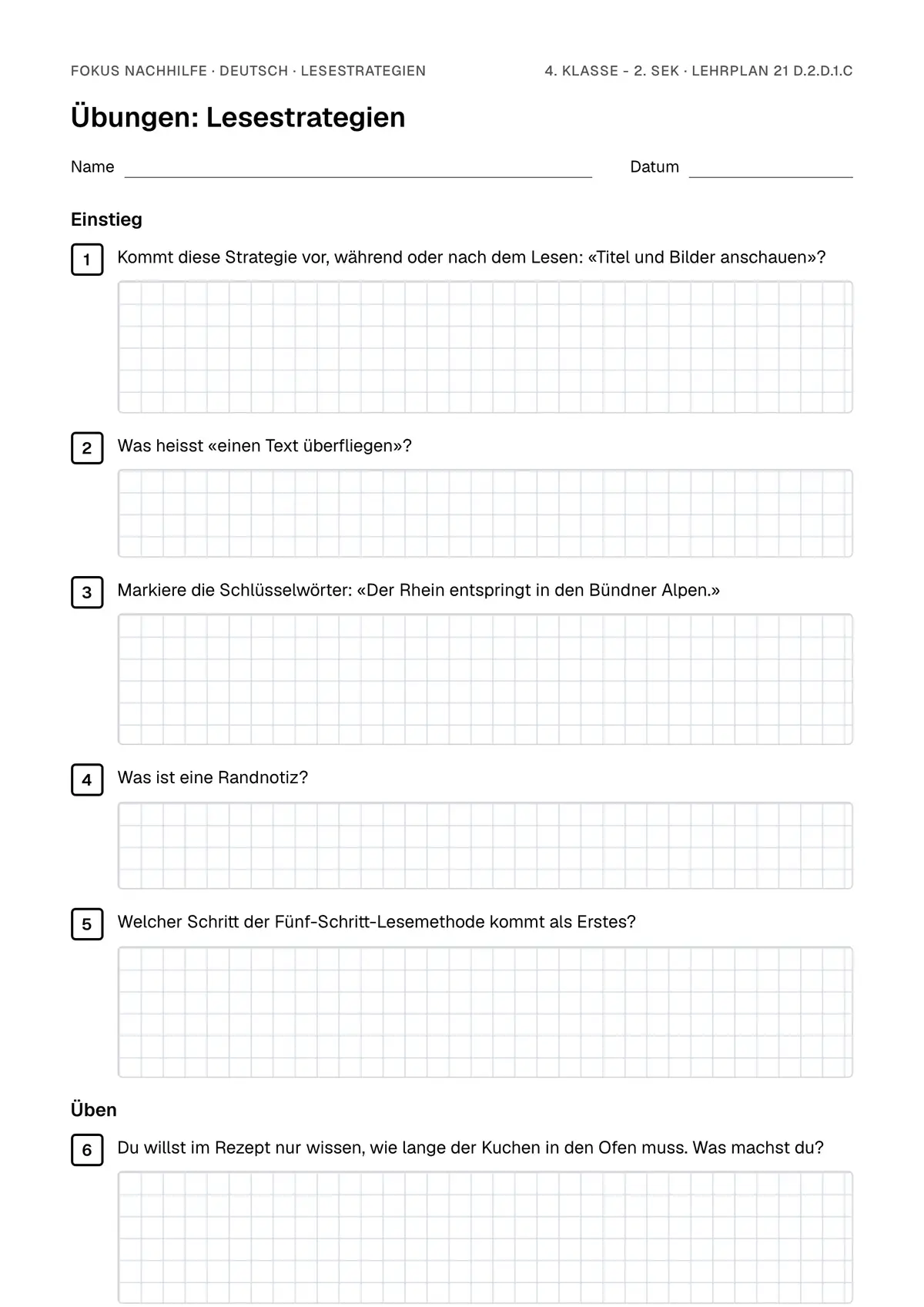 Übungsblatt Lesestrategien zum Ausdrucken: erste Seite der Übungen, Lösungen auf eigenem Blatt
