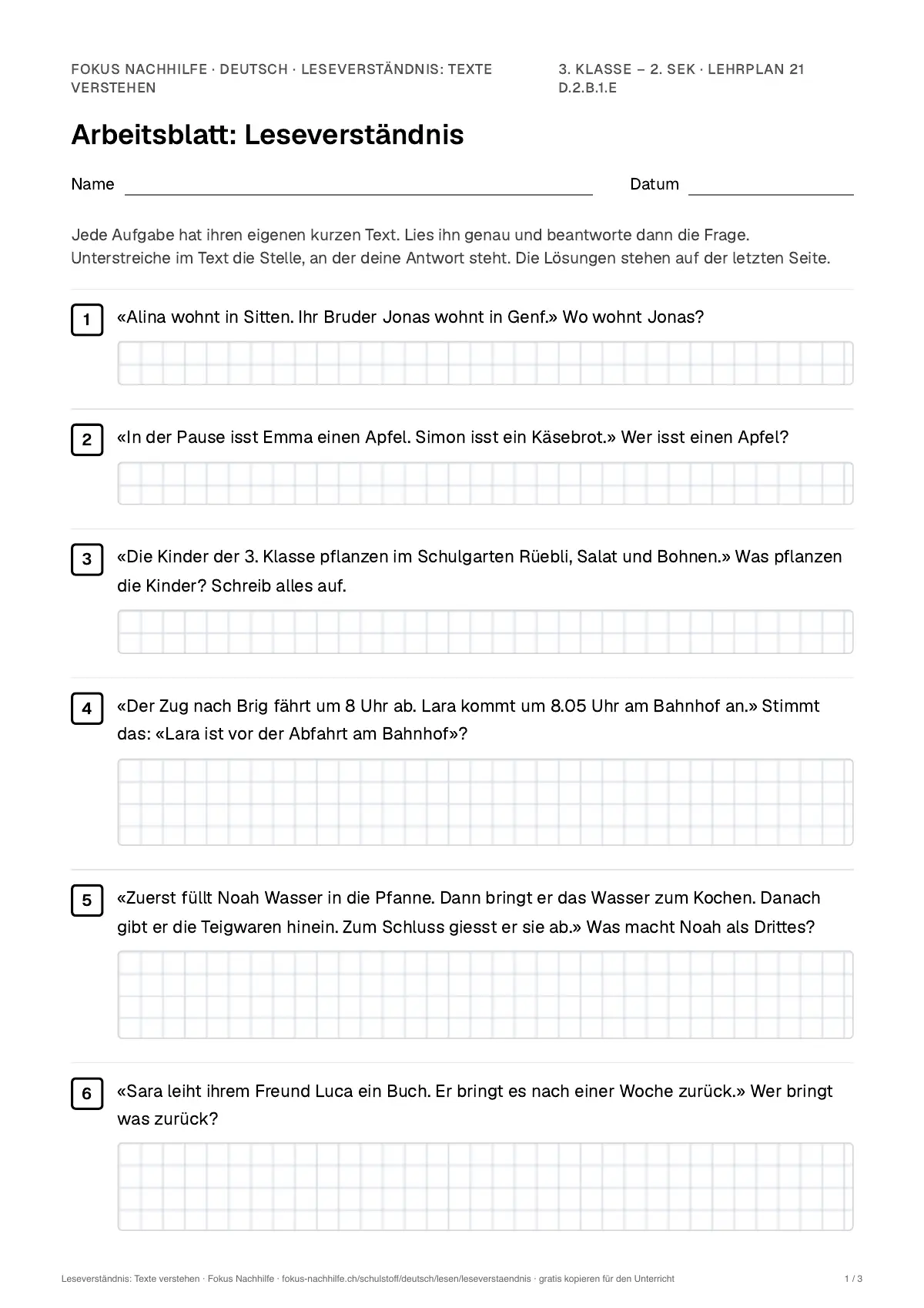 Arbeitsblatt Leseverständnis: Texte verstehen zum Ausfüllen mit Name und Datum: erste Seite, mit Lösungsblatt