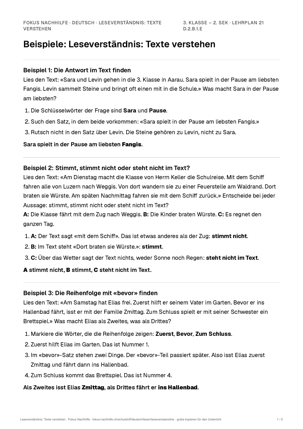 Beispiele Leseverständnis: Texte verstehen zum Ausdrucken: erste Seite, Aufgaben Schritt für Schritt gelöst