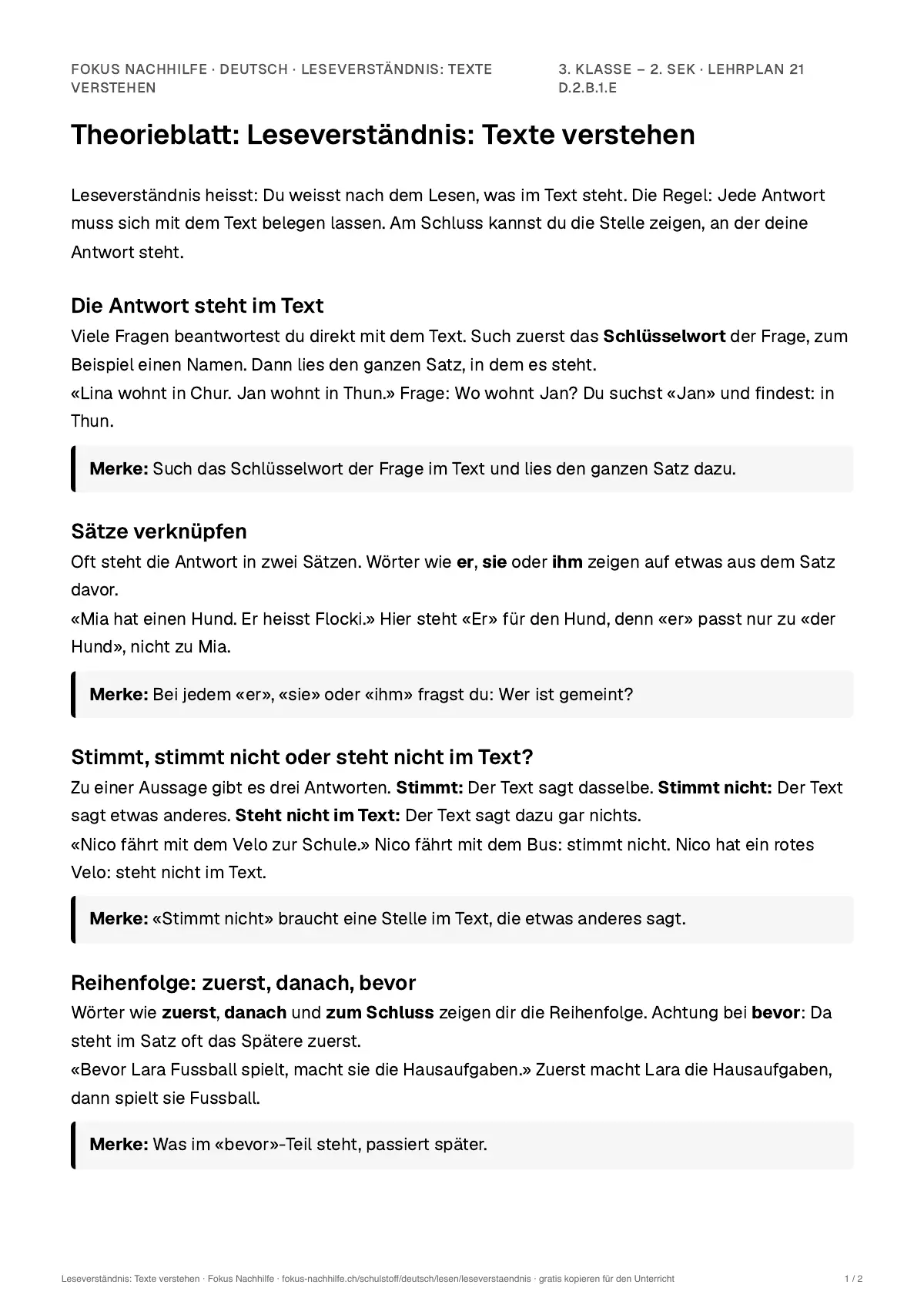 Theorieblatt Leseverständnis: Texte verstehen zum Ausdrucken: erste Seite der Erklärung
