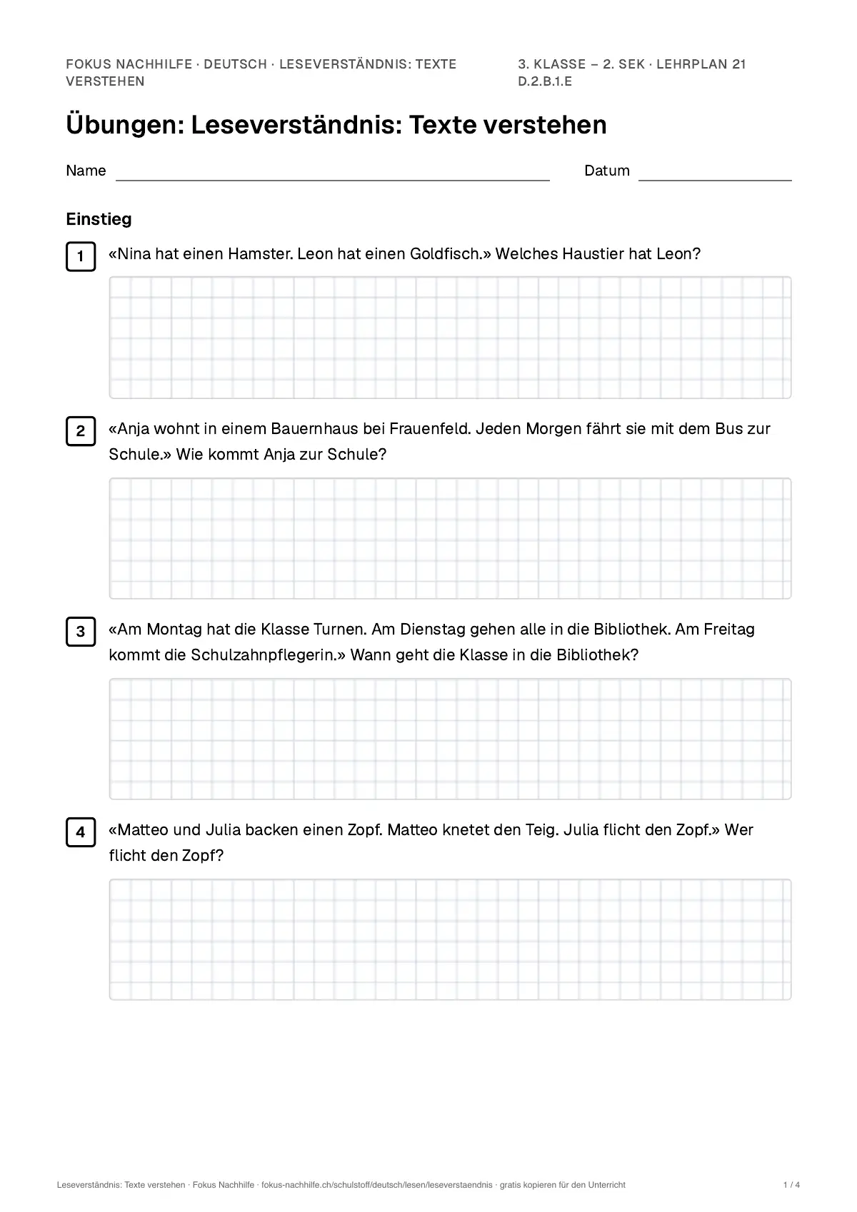 Übungsblatt Leseverständnis: Texte verstehen zum Ausdrucken: erste Seite der Übungen, Lösungen auf eigenem Blatt