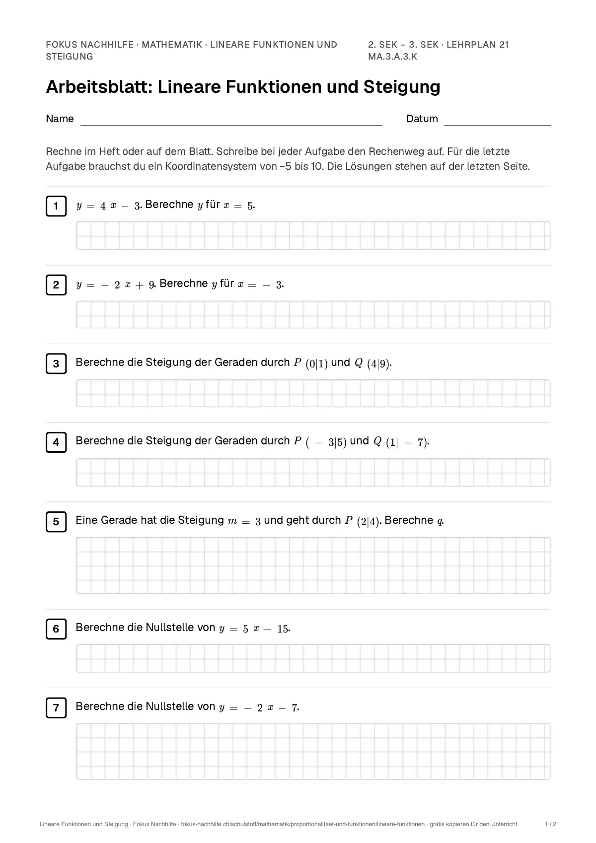 Arbeitsblatt Lineare Funktionen und Steigung zum Ausfüllen mit Name und Datum: erste Seite, mit Lösungsblatt