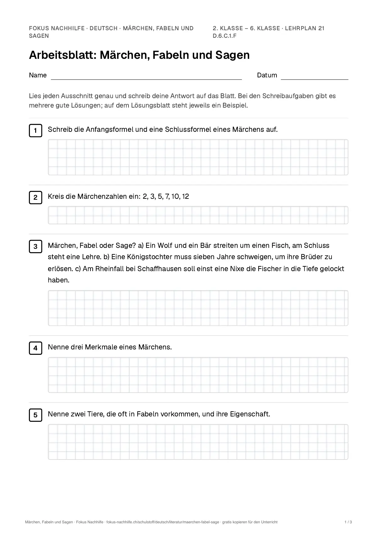 Arbeitsblatt Märchen, Fabeln und Sagen zum Ausfüllen mit Name und Datum: erste Seite, mit Lösungsblatt