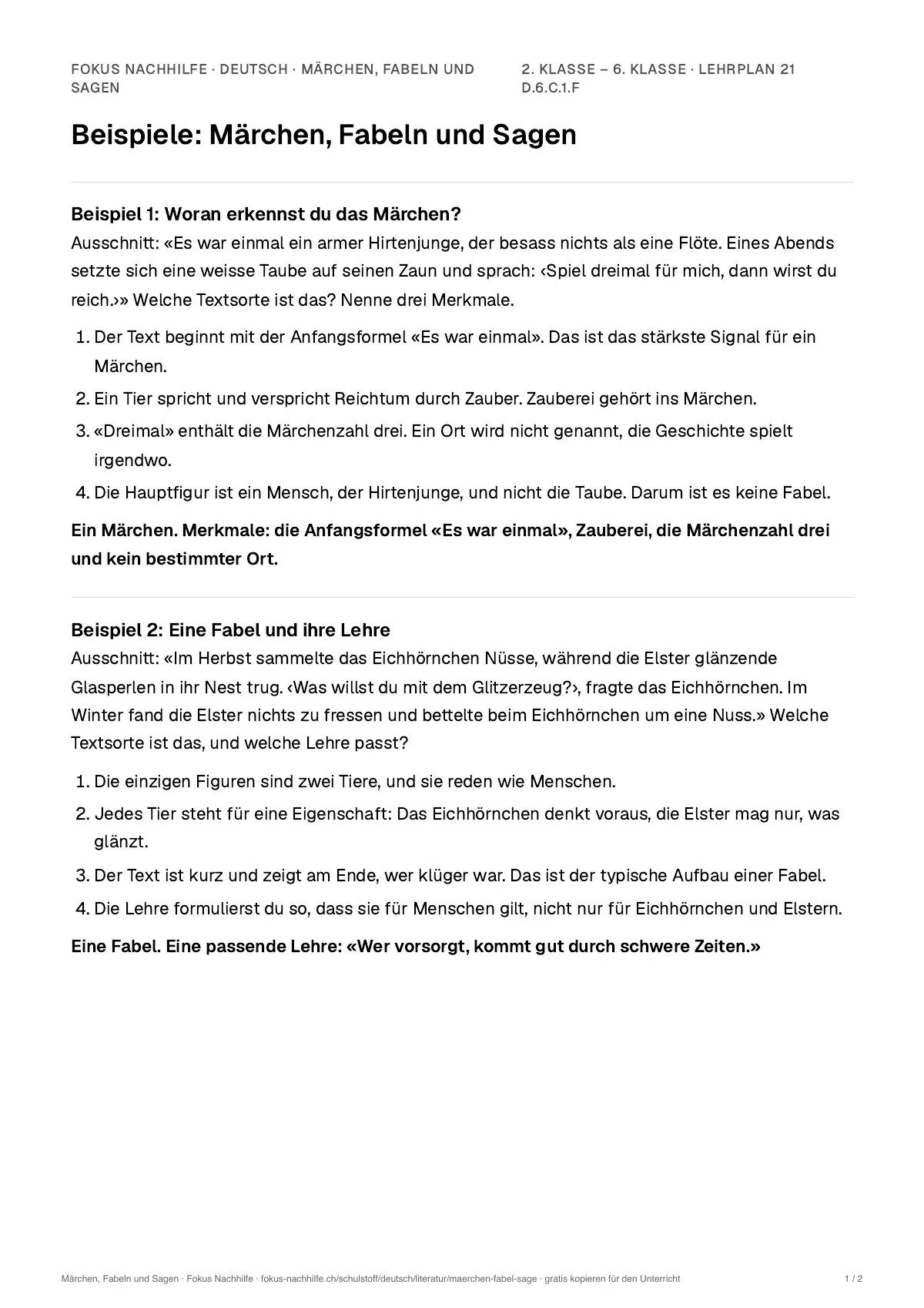 Beispiele Märchen, Fabeln und Sagen zum Ausdrucken: erste Seite, Aufgaben Schritt für Schritt gelöst